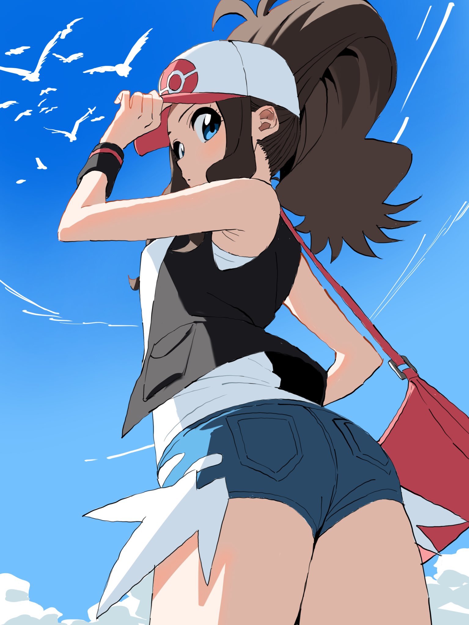 1girl ass bag baseball_cap bird blue_eyes blue_shorts brown_hair cloud day denim denim_shorts from_below hand_on_headwear hat highres hilda_(pokemon) long_hair looking_at_viewer outdoors poke_ball_print pokemon pokemon_bw ponytail red_bag sadamoto_hokuto shirt short_shorts shorts sidelocks sky sleeveless sleeveless_shirt solo white_shirt wristband