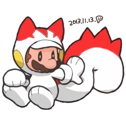 1boy animal_costume animal_ears animal_hood big_nose black_eyes brown_hair clenched_hand commentary_request cosplay dated facial_hair fake_tail full_body ghost-pepper gloves hood lowres male_focus mario mario_(series) mustache outstretched_arm pachirisu paw_pose pokemon short_hair signature simple_background solid_oval_eyes solo squirrel_ears squirrel_tail tail white_background white_gloves white_hood
