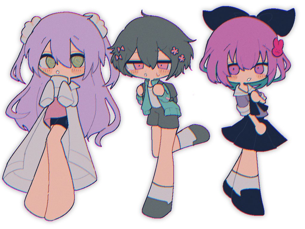 3girls :3 :o @_@ backpack bag bare_legs barefoot bike_shorts black_bag black_bow black_hair black_ribbon black_skirt blue_hair blue_jacket blush bow cevio chibi chromatic_aberration coat colored_inner_hair cup flower furrowed_brow green_eyes grey_shorts grey_socks hair_bow hair_flower hair_ornament hair_scrunchie half-closed_eyes hand_on_own_chest holding holding_cup houkago_strategy_(vocaloid) jacket kurari-chan kyu-kurarin_(cevio) lab_coat lineup long_hair looking_at_viewer multicolored_hair multiple_girls multiple_hair_bows neck_ribbon okusuri_nonde_neyou_(vocaloid) open_clothes open_coat open_jacket pink_bow pink_eyes pink_flower pink_hair purple_shirt raised_eyebrows ribbon running sailor_collar school_uniform scrunchie serafuku shiba_inu_(j1piwzrj8xdzywk) shirt shoes short_hair short_shorts short_sleeves shorts simple_background skirt sleeves_past_fingers sleeves_past_wrists socks songover sweatdrop track_jacket two-handed two_side_up v-shaped_eyebrows vocaloid white_background white_sailor_collar