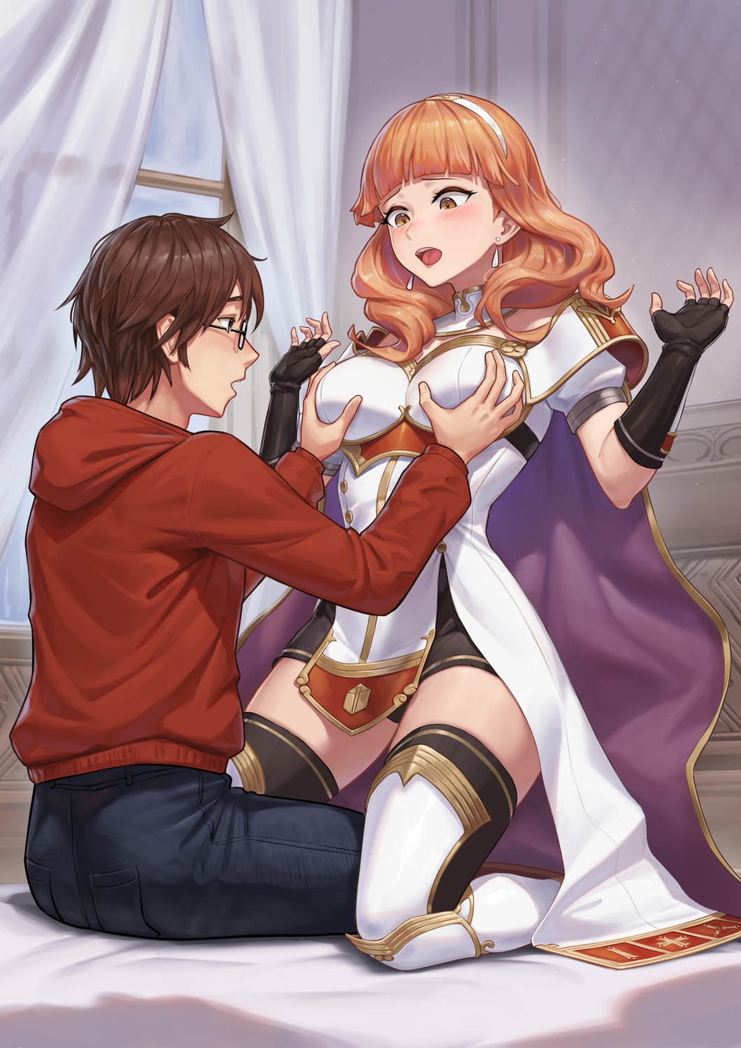 1boy 1girl armor bed bedroom black_shorts black_thighhighs blunt_bangs blush boobplate breastplate breasts cape celica_(fire_emblem) dress earrings fingerless_gloves fire_emblem flustered gloves grabbing grabbing_another's_breast groping groping_breast highres jewelry kneeling large_breasts nintendo open_mouth orange_eyes orange_hair red_hair short_shorts shorts shorts_under_dress thighhighs tiara white_dress zero_a