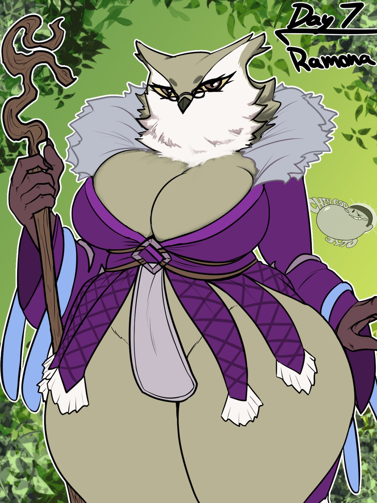 3:4 anthro avian beak big_breasts bird breasts brown_eyes claws clothed clothing eyewear feathers female glasses hi_res jyto leaf owl ramona_(unicorn_overlord) robe robe_only skimpy solo staff thick_thighs
