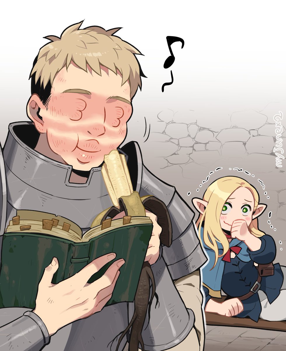 1boy 1girl 3_3 armor banana belt_pouch blonde_hair blue_capelet blue_shirt blush book bookmark capelet choker closed_mouth dungeon_meshi eating elf food fruit grey_hair hair_down hands_up happy highres holding holding_book holding_food holding_staff hood hood_down hooded_capelet humming injury korean_commentary laios_thorden laughing long_hair long_sleeves looking_at_another marcille_donato mattress musical_note on_bed open_book pants pauldrons plate_armor pointy_ears pouch reading reclining shirt short_hair shoulder_armor smile solo_focus sprout staff tentacles trembling undercut upper_body vambraces white_pants wooni