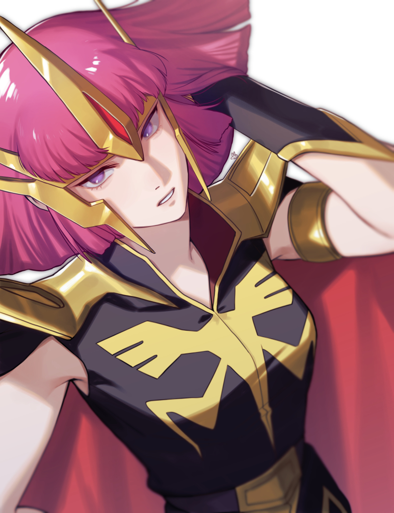 1girl armlet armor artist_logo black_jacket bracer breasts cape commentary_request dutch_angle gundam gundam_zz haman_karn hand_in_own_hair headpiece jacket logo looking_at_viewer medium_breasts medium_hair parted_lips pauldrons purple_eyes purple_hair red_cape shoulder_armor simple_background sleeveless sleeveless_jacket solo teeth upper_body ususio_11 white_background zeon