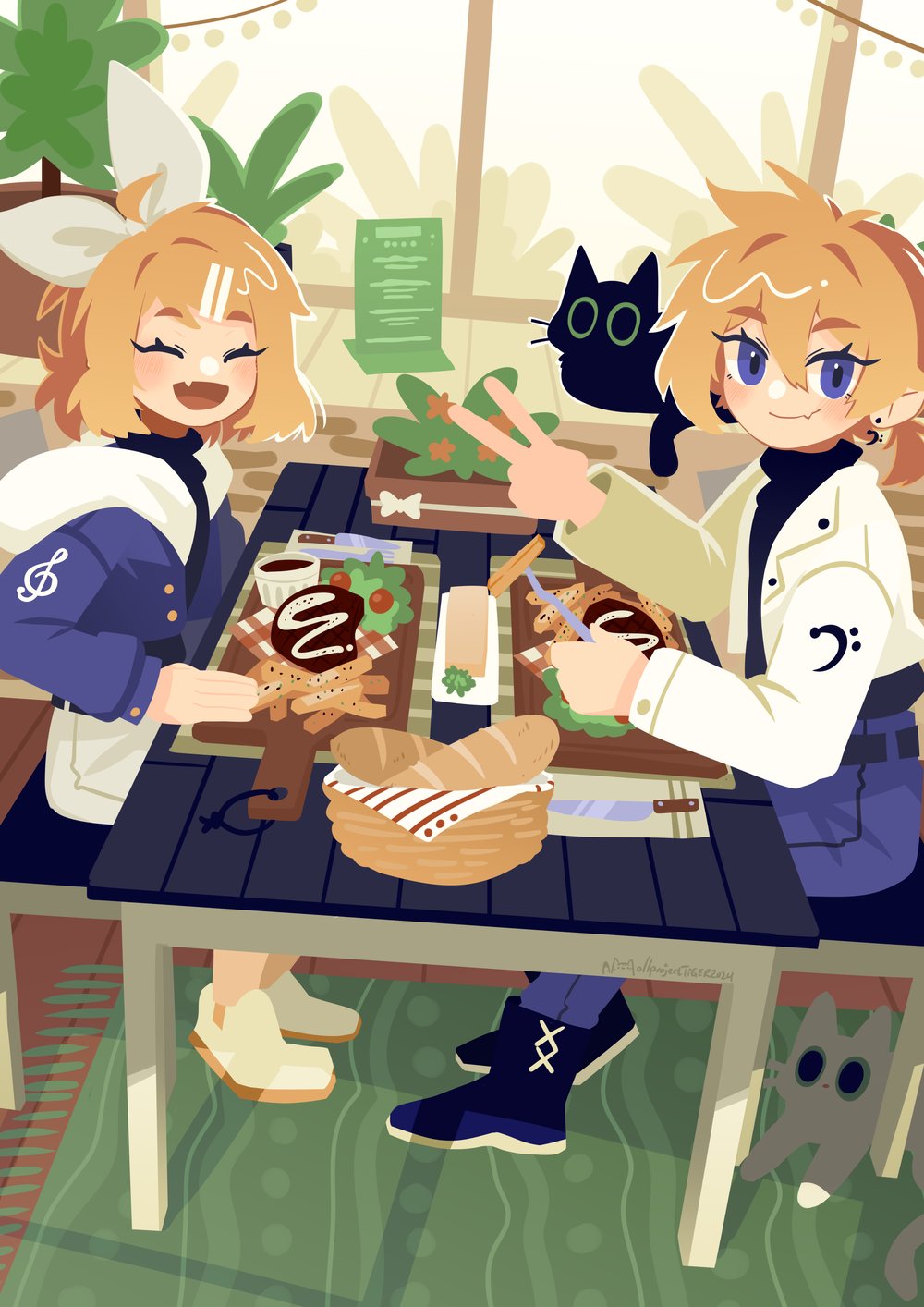 1boy 1girl alternate_costume animal black_footwear black_sweater blue_eyes blue_jacket blue_pants bow bread cat closed_mouth coffee fang flat_color food fork french_fries fur-trimmed_jacket fur_trim hair_between_eyes hair_bow hair_ornament hairclip highres holding indoors jacket kagamine_len kagamine_rin knife light_blush looking_at_viewer open_mouth pants plant projecttiger rug short_hair short_ponytail siblings skin_fang steak sweater table turtleneck turtleneck_sweater twins v vocaloid white_bow white_footwear white_jacket white_pants window