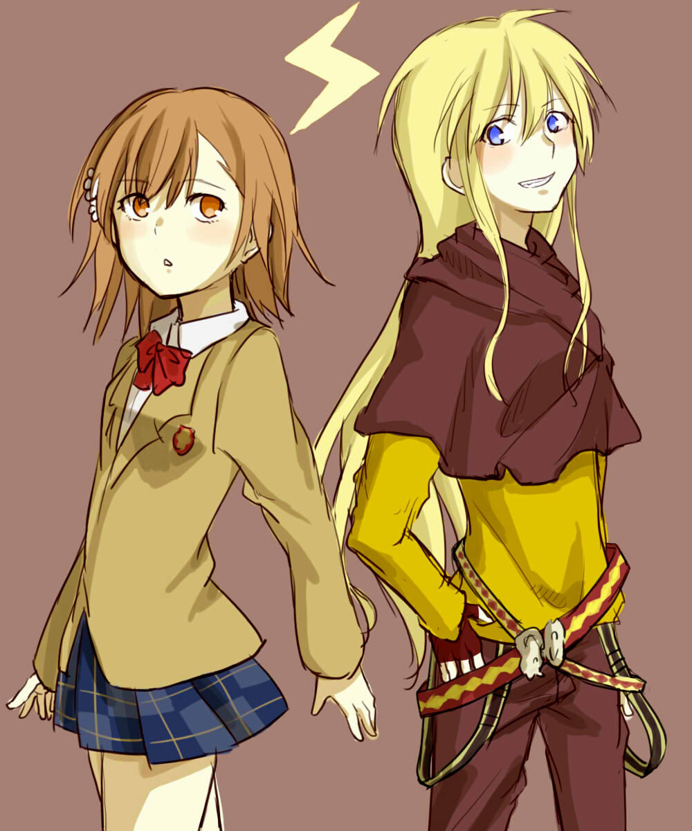 1boy 1girl ahoge androgynous belt blonde_hair blue_eyes blue_skirt blush bow bowtie brown_background brown_belt brown_eyes brown_gloves brown_hair brown_jacket brown_pants collared_shirt commentary_request cowboy_shot emblem fingerless_gloves gloves grin hair_between_eyes hand_on_own_hip highres jacket lightning_bolt_symbol long_bangs long_hair looking_at_another medium_bangs medium_hair miniskirt misaka_mikoto multiple_belts negiko123123 pants parted_lips plaid plaid_skirt pleated_skirt red_bow red_bowtie school_emblem school_uniform shirt sidelocks simple_background skirt smile standing stole teeth thor_(toaru_majutsu_no_index) toaru_majutsu_no_index toaru_majutsu_no_index:_new_testament tokiwadai_school_uniform very_long_hair white_shirt yellow_shirt