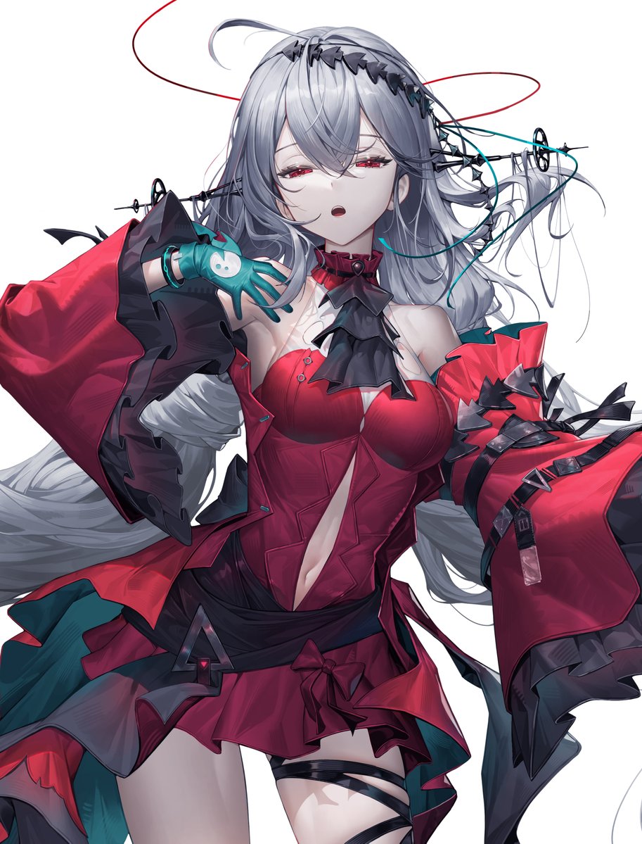 1girl aqua_gloves arknights ascot belt black_ascot breasts clothing_cutout dress gloves grey_hair infection_monitor_(arknights) leg_ribbon long_hair looking_at_viewer medium_breasts navel_cutout official_alternate_costume red_dress red_eyes red_sleeves ribbon simple_background skadi_(arknights) skadi_the_corrupting_heart_(arknights) soho_(user_dphk5745) solo white_background