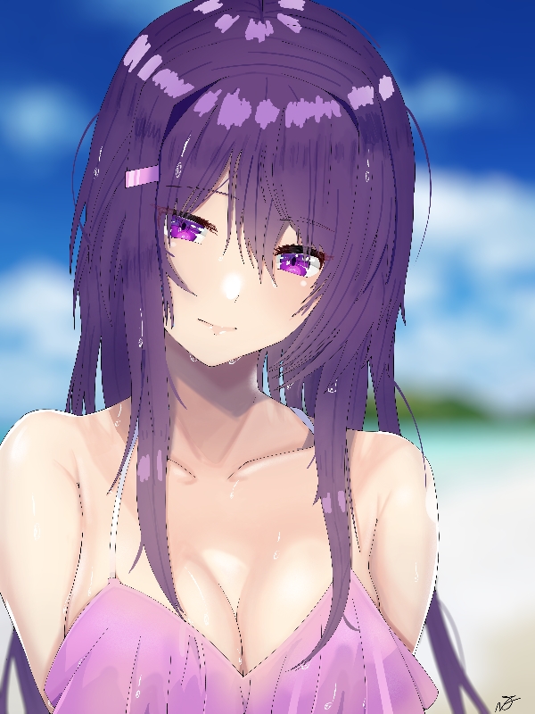 1girl beach bikini blue_sky breasts cloud collarbone derivative_work doki_doki_literature_club dress hair_between_eyes large_breasts light_smile long_hair looking_at_viewer open_mouth purple_dress purple_eyes purple_hair sand sidelocks sky swimsuit user_wvhj8335 water wet yuri_(doki_doki_literature_club)