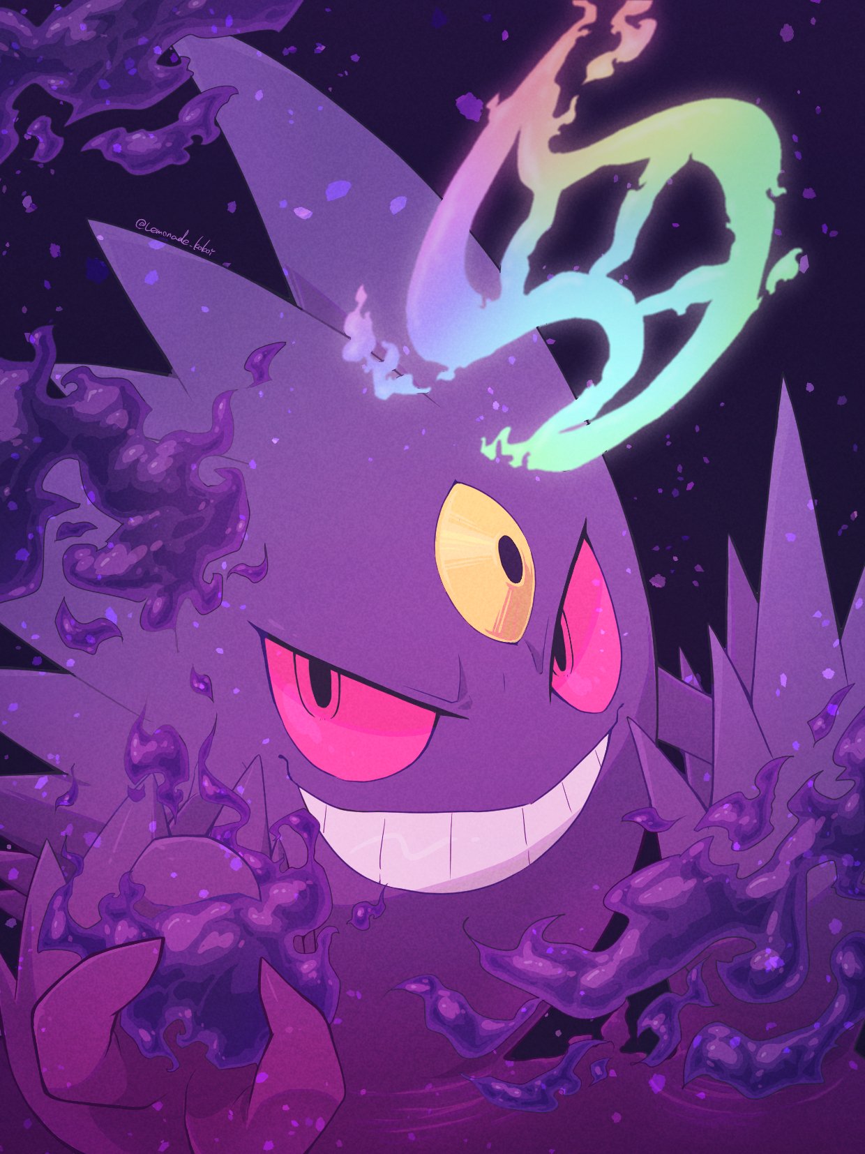 black_eyes colored_sclera colored_skin commentary_request facial_mark forehead_mark gengar grin highres lemonade_kokoi mega_evolution_symbol mega_gengar poison pokemon pokemon_(creature) purple_background purple_skin red_sclera smile teeth