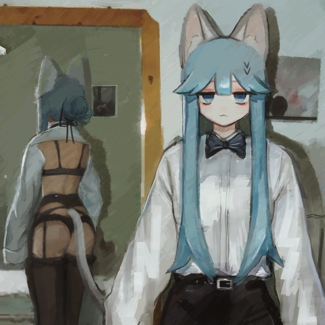 1girl :3 animal_ears arms_at_sides ass backless_outfit bags_under_eyes belt black_belt black_bow black_bowtie black_bra black_panties black_pants black_ribbon black_thighhighs blue_eyes blue_hair bow bowtie bra cat_ears cat_girl cat_tail collared_shirt commentary_request cowboy_shot dress_shirt drop_shadow full-length_mirror garter_belt hair_bun hair_ribbon half-closed_eyes half-dressed_in_the_mirror_(meme) highres indoors jitome lingerie long_sleeves looking_at_viewer meme mirror original panties pants reflection ribbon shironeko_(gosot3syobrmxbg) shirt short_hair_with_long_locks sidelocks single_hair_bun sleeves_past_fingers sleeves_past_wrists solo standing tail thighhighs underwear