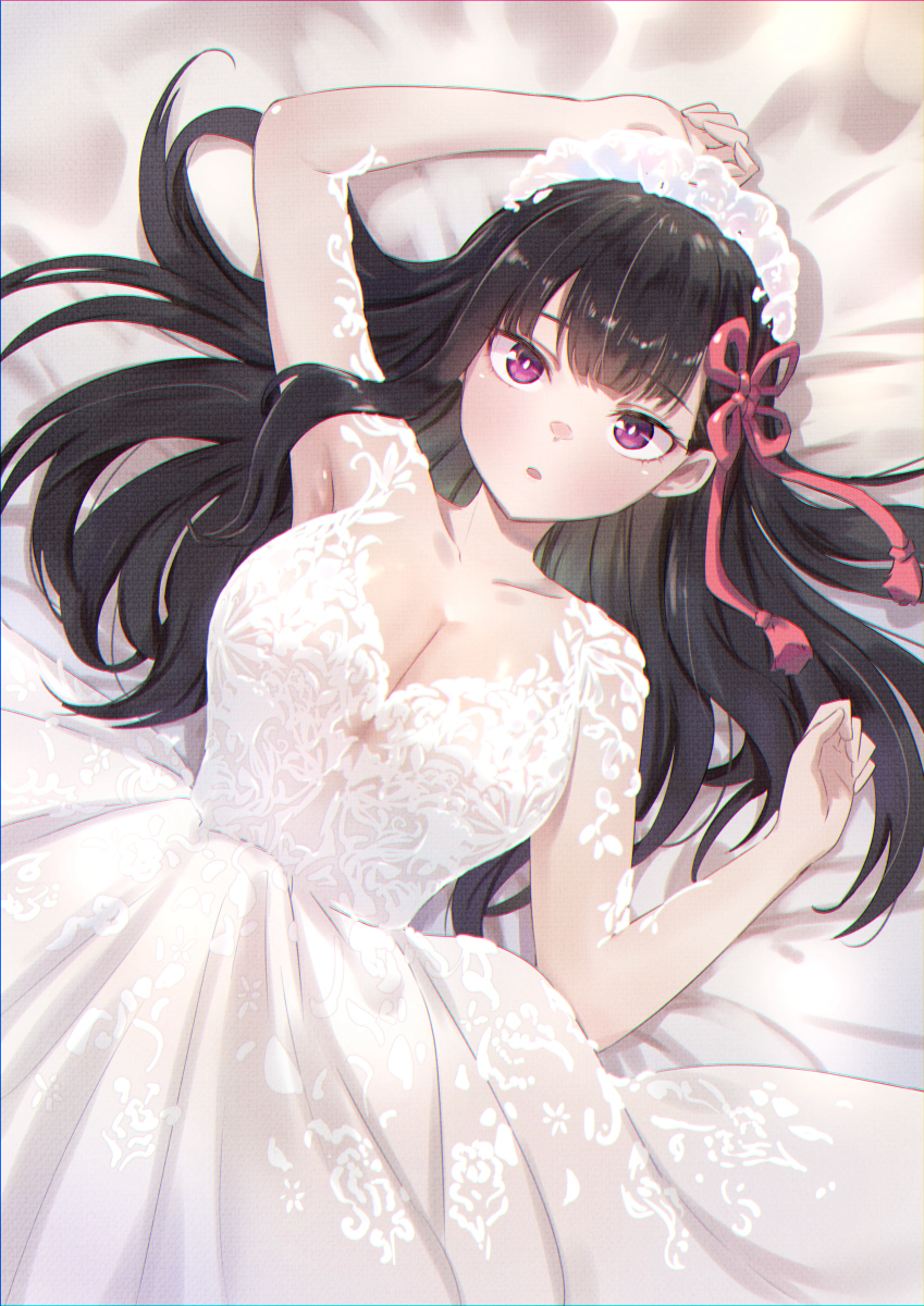 1girl artist_request black_hair blunt_bangs breasts dress formal highres long_hair mato_seihei_no_slave pixiv purple_hair ribbon solo tagme wedding_dress yamashiro_ren