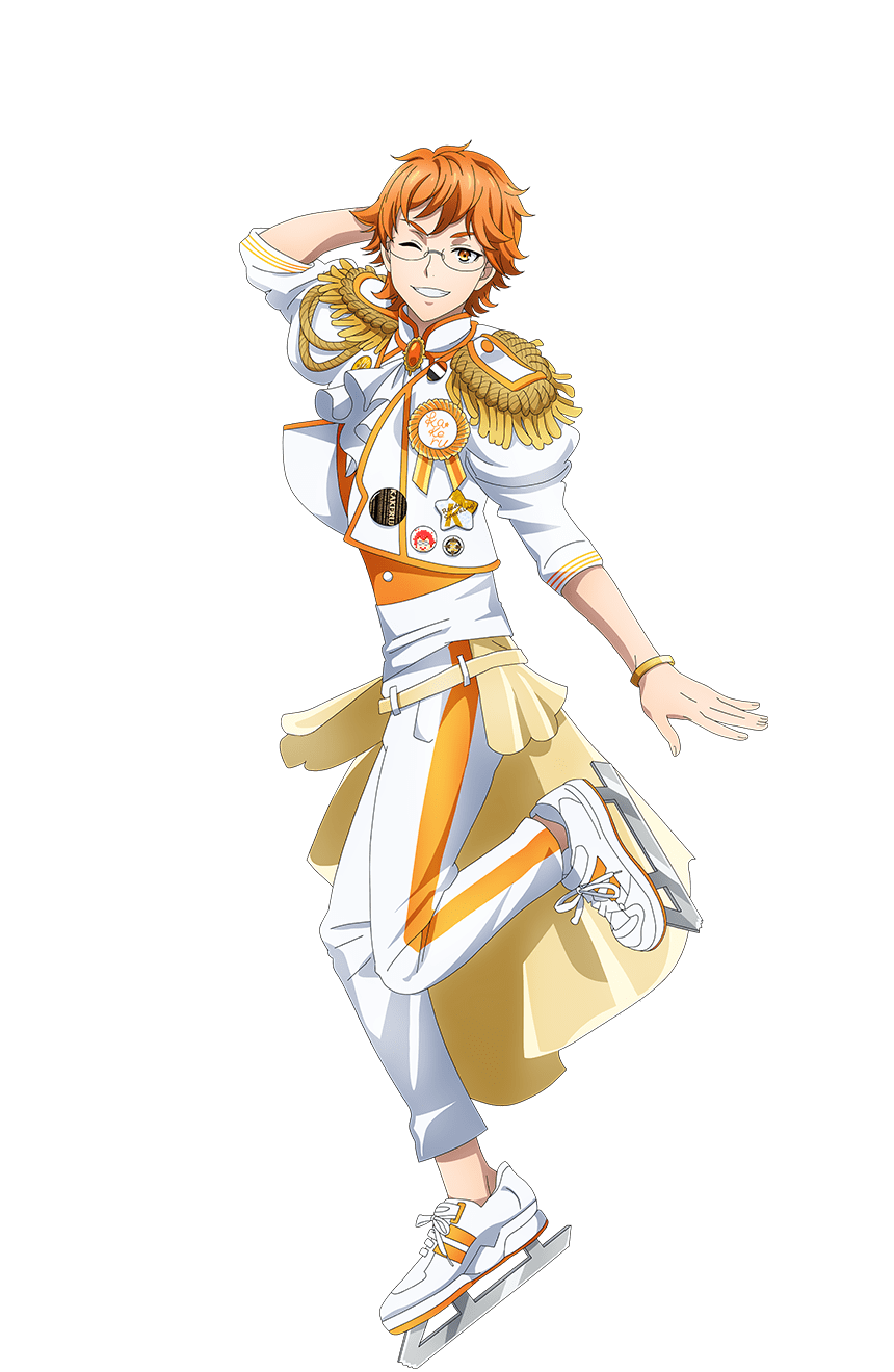 1boy aiguillette bracelet epaulettes full_body glasses hand_up highres ice_skates idol_clothes jacket jewelry juuouin_kakeru king_of_prism king_of_prism:_shiny_seven_stars looking_at_viewer male_focus official_art one_eye_closed open_mouth orange_eyes orange_hair pants pretty_rhythm pretty_series second-party_source short_hair simple_background skates smile solo standing standing_on_one_leg tachi-e transparent_background white_footwear white_jacket white_pants