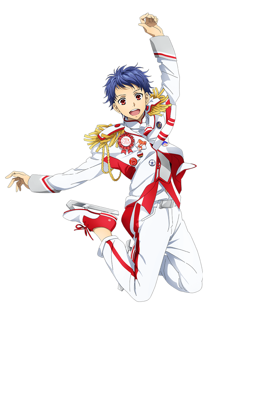 1boy aiguillette arm_up blue_hair epaulettes full_body highres ice_skates ichijou_shin jacket jumping king_of_prism king_of_prism:_shiny_seven_stars long_sleeves looking_at_viewer male_focus official_art open_mouth pants pretty_rhythm pretty_series red_eyes second-party_source shoes short_hair simple_background skates smile solo transparent_background white_jacket white_pants