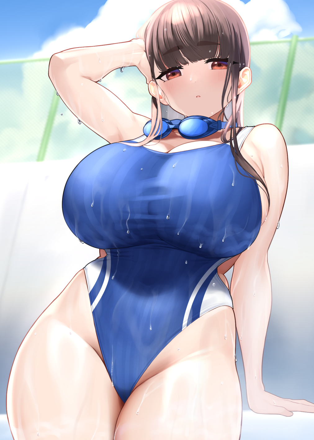 1girl arm_up bare_shoulders black_hair blue_one-piece_swimsuit blue_sky blush breasts cleavage cloud cloudy_sky commentary_request day eyewear_around_neck highleg highleg_swimsuit highres huge_breasts looking_at_viewer omizu_(h2o) one-piece_swimsuit original poolside red_eyes sitting sky solo swim_goggles swimsuit wet wet_clothes wet_swimsuit