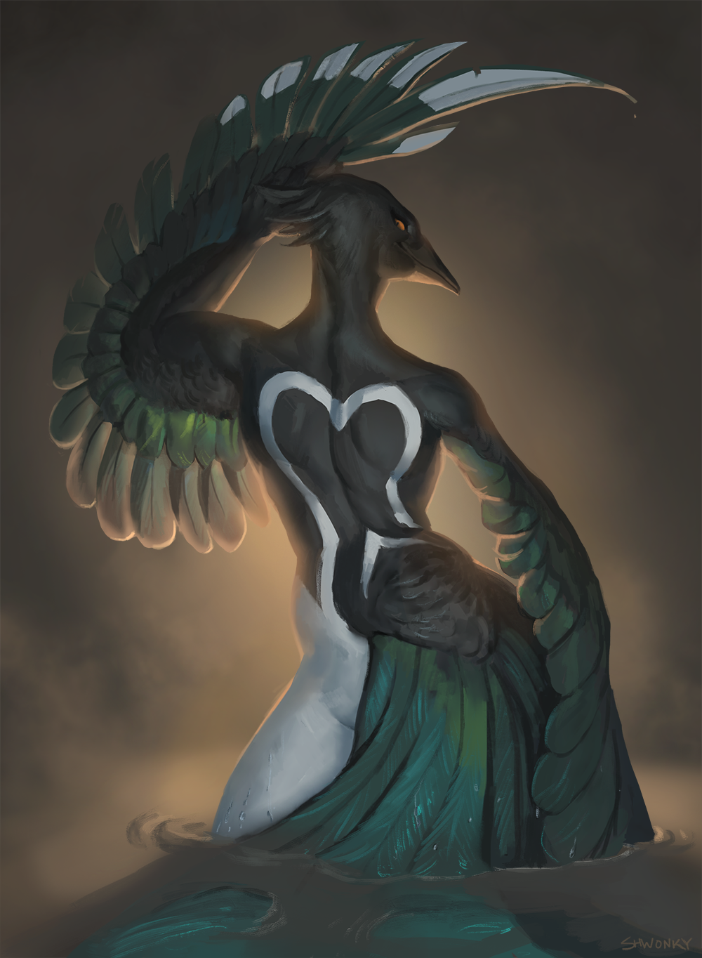 2021 anthro avian beak bird corvid digital_media_(artwork) feathered_wings feathers female hi_res magpie_(corvid) oscine partially_submerged passerine shwonky smile solo wings