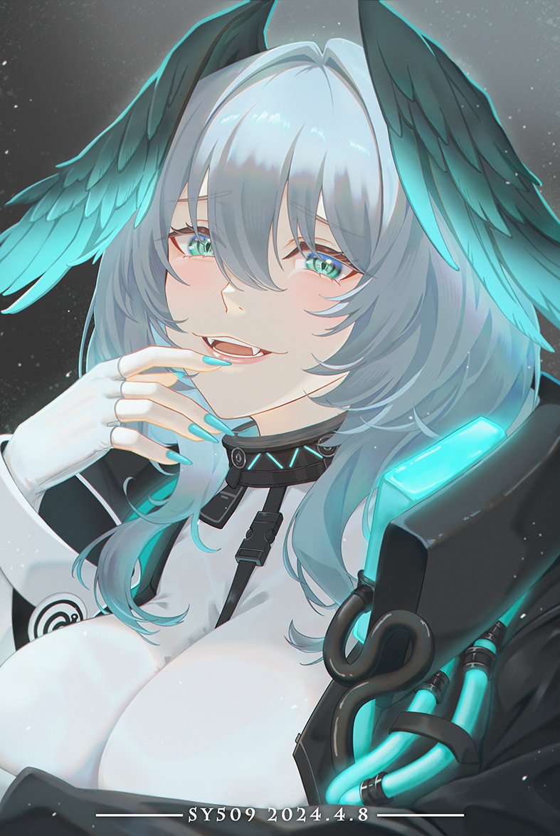 1girl aqua_eyes aqua_nails aqua_wings arknights between_breasts black_coat breasts coat commentary dress english_commentary feathered_wings finger_to_mouth fingerless_gloves gloves grey_hair hair_between_eyes head_wings ho'olheyak_(arknights) infection_monitor_(arknights) looking_at_viewer medium_hair nail_polish open_mouth sidelocks solo strap_between_breasts sy509 two-tone_wings white_gloves wings