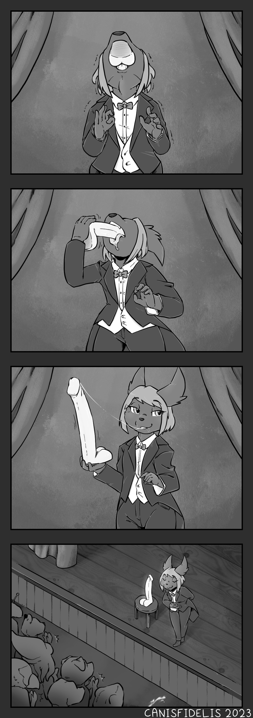 2023 absurd_res anthro biped black_tie_(suit) bodily_fluids bottomwear bow_tie bowing canisfidelis clothed clothing comic deep_throat dildo dildo_in_mouth dragon dress_shirt eyes_closed female front_view group hair hi_res holding_dildo holding_object holding_sex_toy hybrid inside looking_at_viewer magician masturbation monochrome mythological_creature mythological_scalie mythology on_stage oral oral_penetration pants penetration rachel_(canisfidelis) saliva saliva_on_dildo saliva_on_tongue saliva_string scalie sex_toy sex_toy_in_mouth sex_toy_insertion shirt short_hair solo standing suit tongue tongue_out topwear toying_self unknown_species