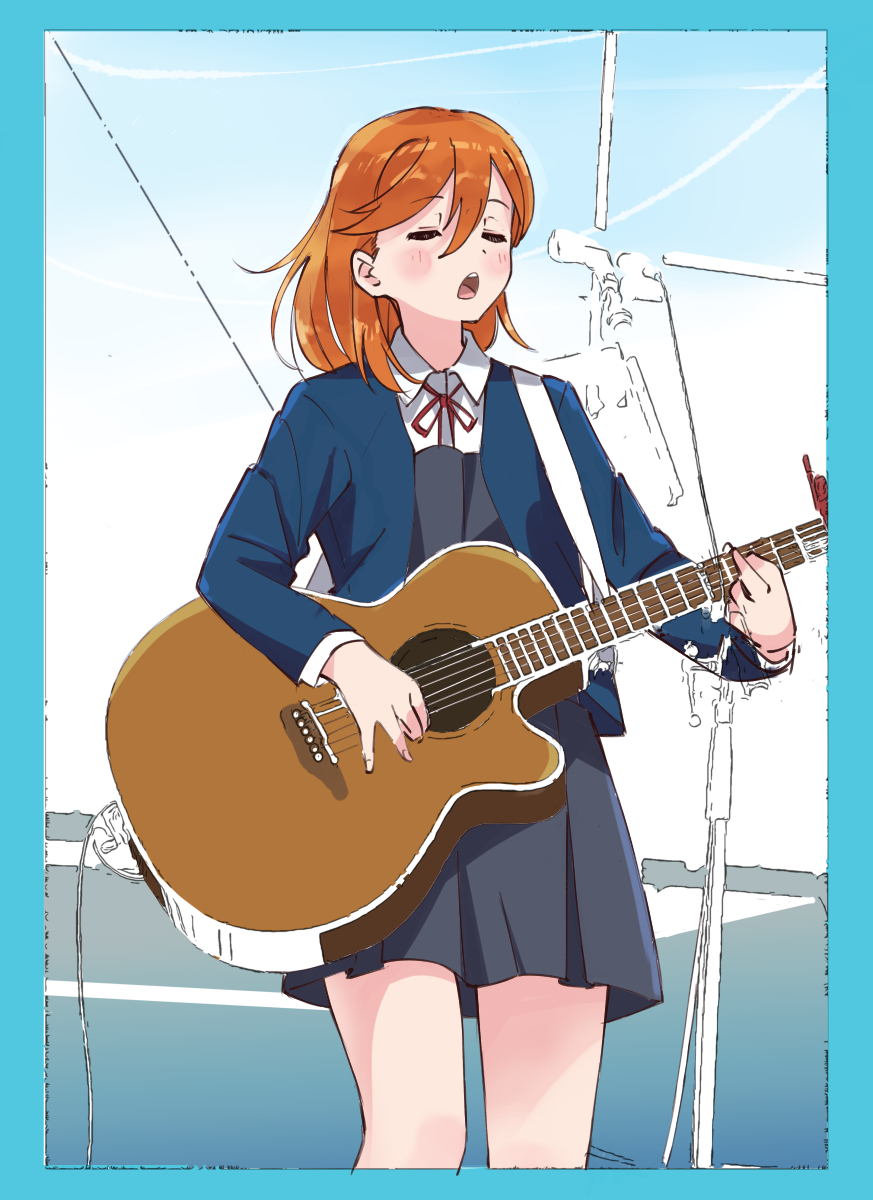 1girl acoustic_guitar blue_border blue_jacket blush border closed_eyes collared_shirt commentary_request dress grey_dress guitar highres holding holding_instrument instrument jacket long_sleeves love_live! love_live!_superstar!! music neck_ribbon open_clothes open_jacket open_mouth pinafore_dress playing_instrument red_ribbon ribbon ryxxxxx school_uniform shibuya_kanon shirt short_hair singing sketch sleeveless sleeveless_dress solo standing upper_body white_shirt winter_uniform yuigaoka_school_uniform