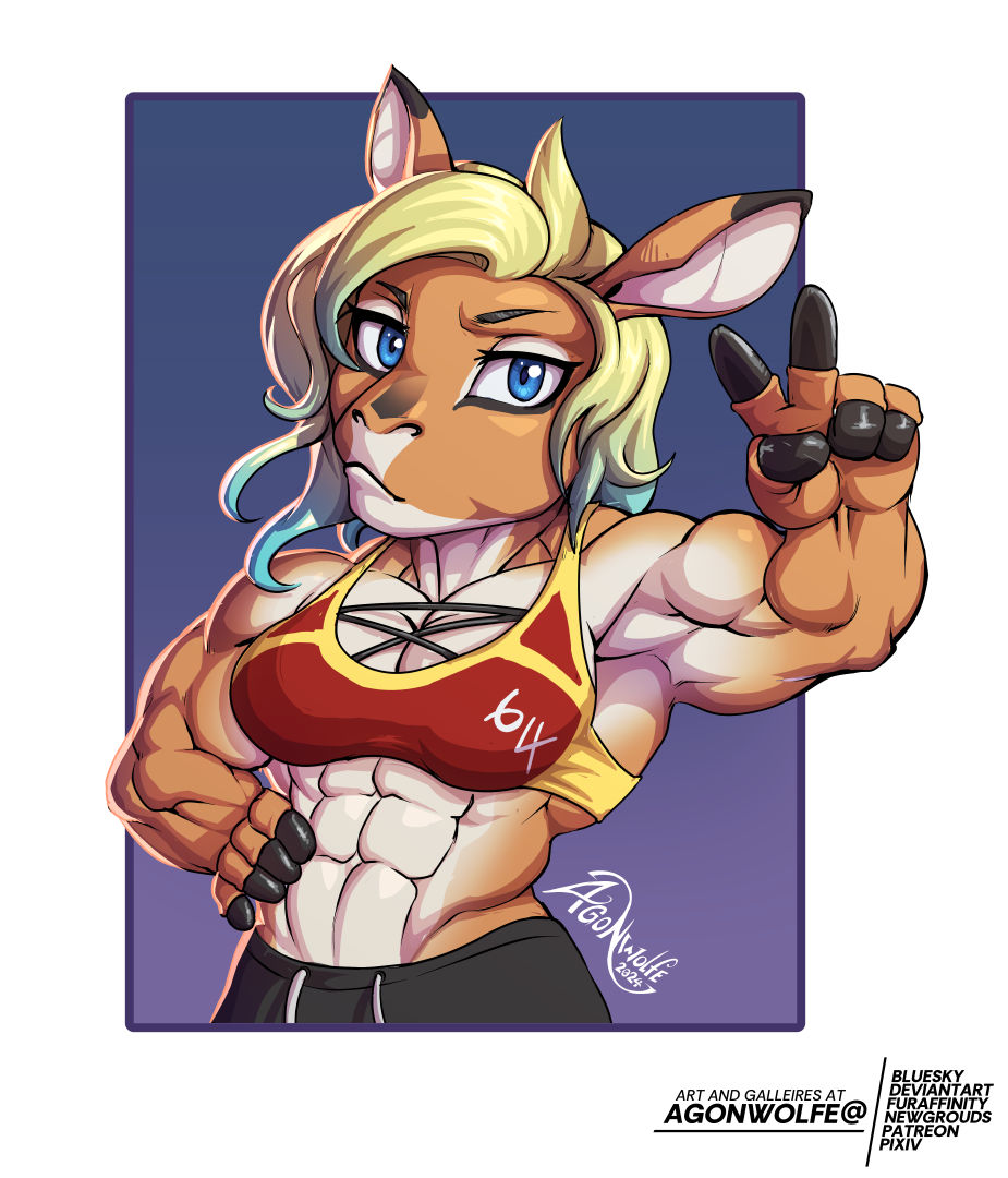 agonwolfe antelope anthro blonde_hair blue_eyes bovid chibi female gazelle hair humanoid mammal muscular peace_sign_(disambiguation)