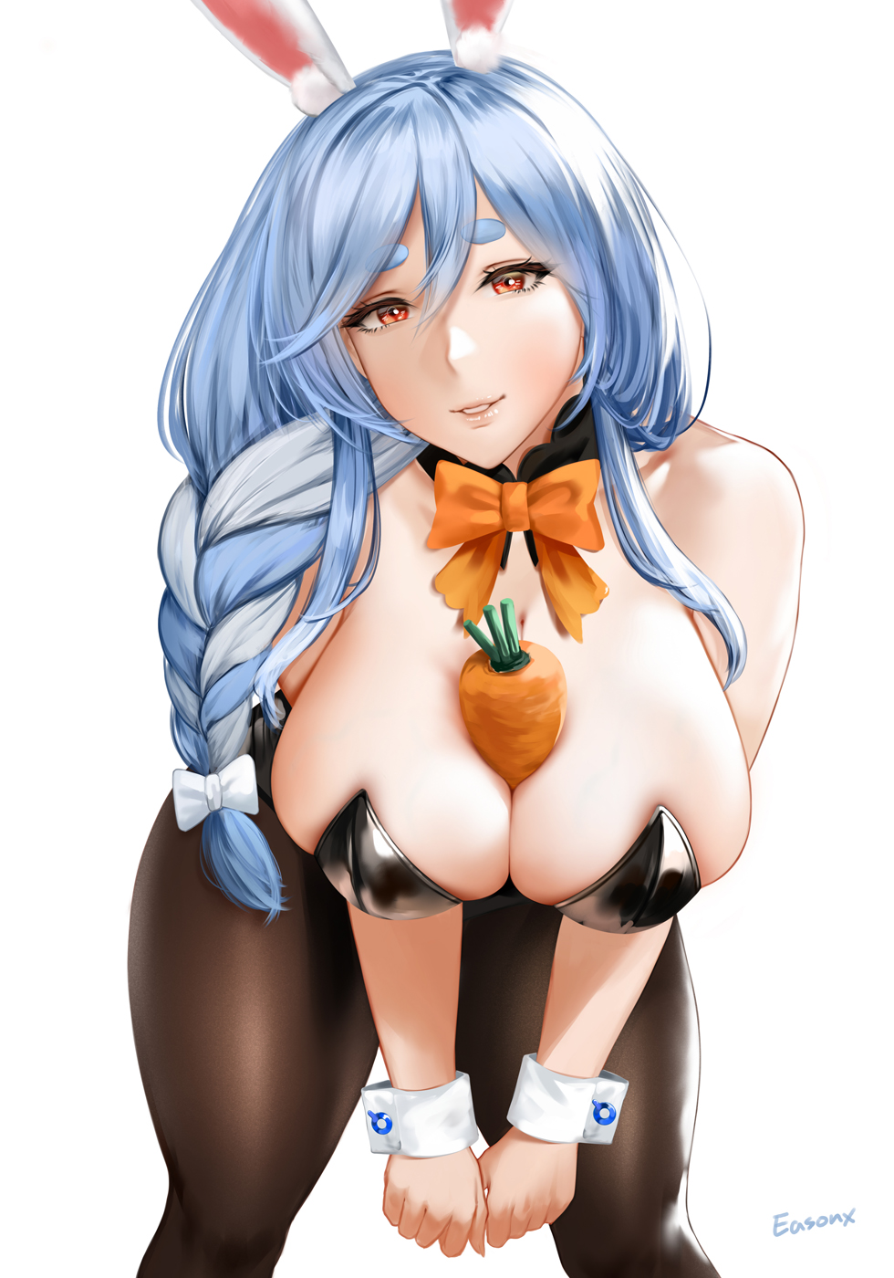 1girl animal_ears artist_name between_breasts black_garter_straps black_sleeves black_thighhighs blue_hair blush braid breasts carrot closed_mouth commentary_request covered_nipples detached_sleeves easonx garter_straps grey_background highres hioyami holding holding_carrot hololive huge_breasts long_hair looking_at_viewer mature_female patreon_username pekomama rabbit_ears rabbit_girl rabbit_tail red_eyes short_eyebrows sideboob single_braid sitting smile solo sweat tail thick_eyebrows thighhighs thighs virtual_youtuber white_hair