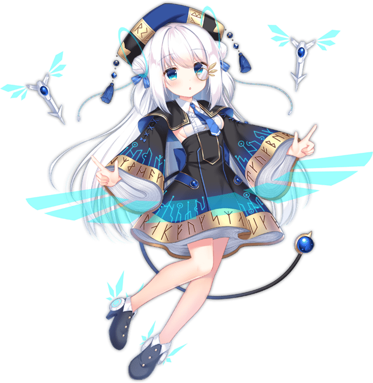 1girl ark_order arms_at_sides black_dress black_footwear blue_eyes blue_hat blue_necktie boots breasts cable cable_tail center_frills circuit_board_print cthulhu_mythos dress energy_wings floating frills full_body gold_trim hat hologram ikataruto index_finger_raised long_hair long_sleeves looking_at_viewer mechanical_tail monocle necktie official_art runes sideboob sidelocks solo tachi-e tail tassel transparent_background two_side_up very_long_hair white_hair wide_sleeves winged_footwear yith_(ark_order)