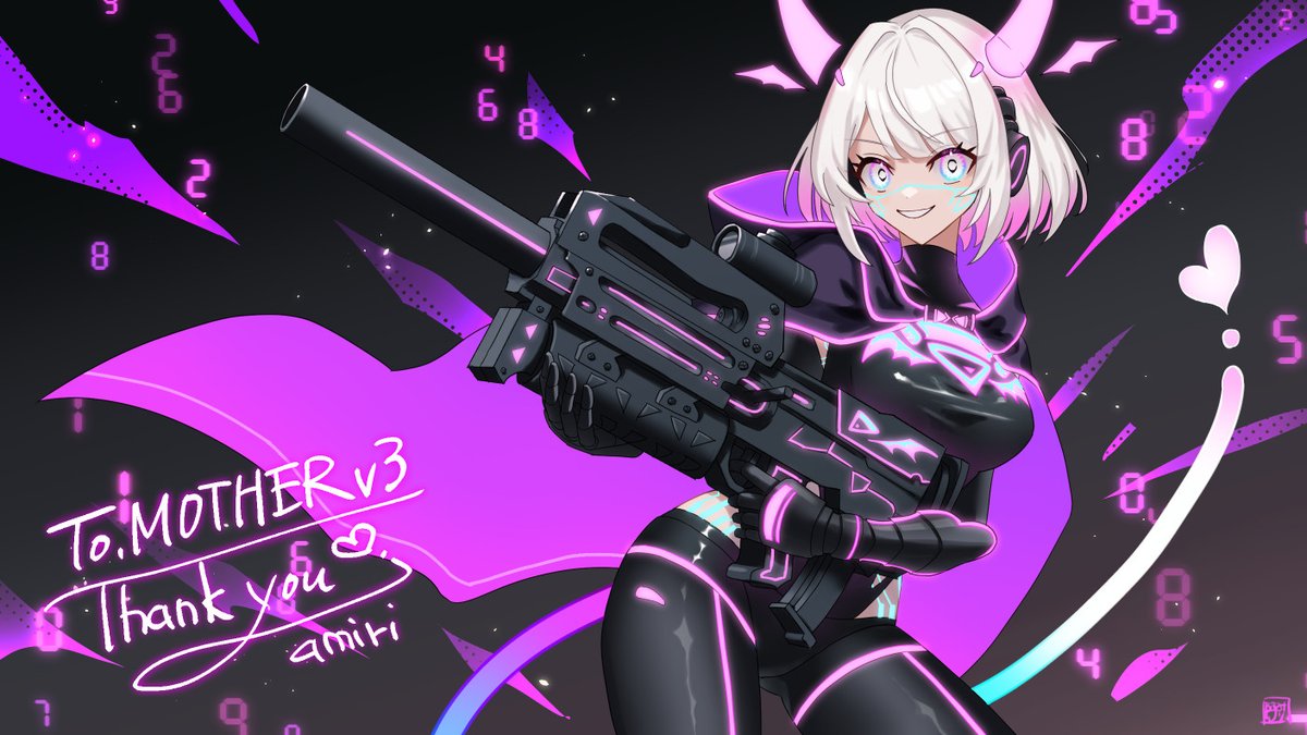 1girl amiri_skeb aqua_eyes black_bodysuit black_cape bob_cut bodysuit breasts cape detached_horns gradient_hair gradient_horns gun hair_intakes headphones hip_vent holding holding_gun holding_weapon holographic_horns horns indie_virtual_youtuber looking_at_viewer medium_hair motherv3 multicolored_eyes multicolored_hair multicolored_horns pink_horns purple_cape purple_eyes purple_horns smile solo tail two-sided_cape two-sided_fabric two-tone_eyes virtual_youtuber weapon