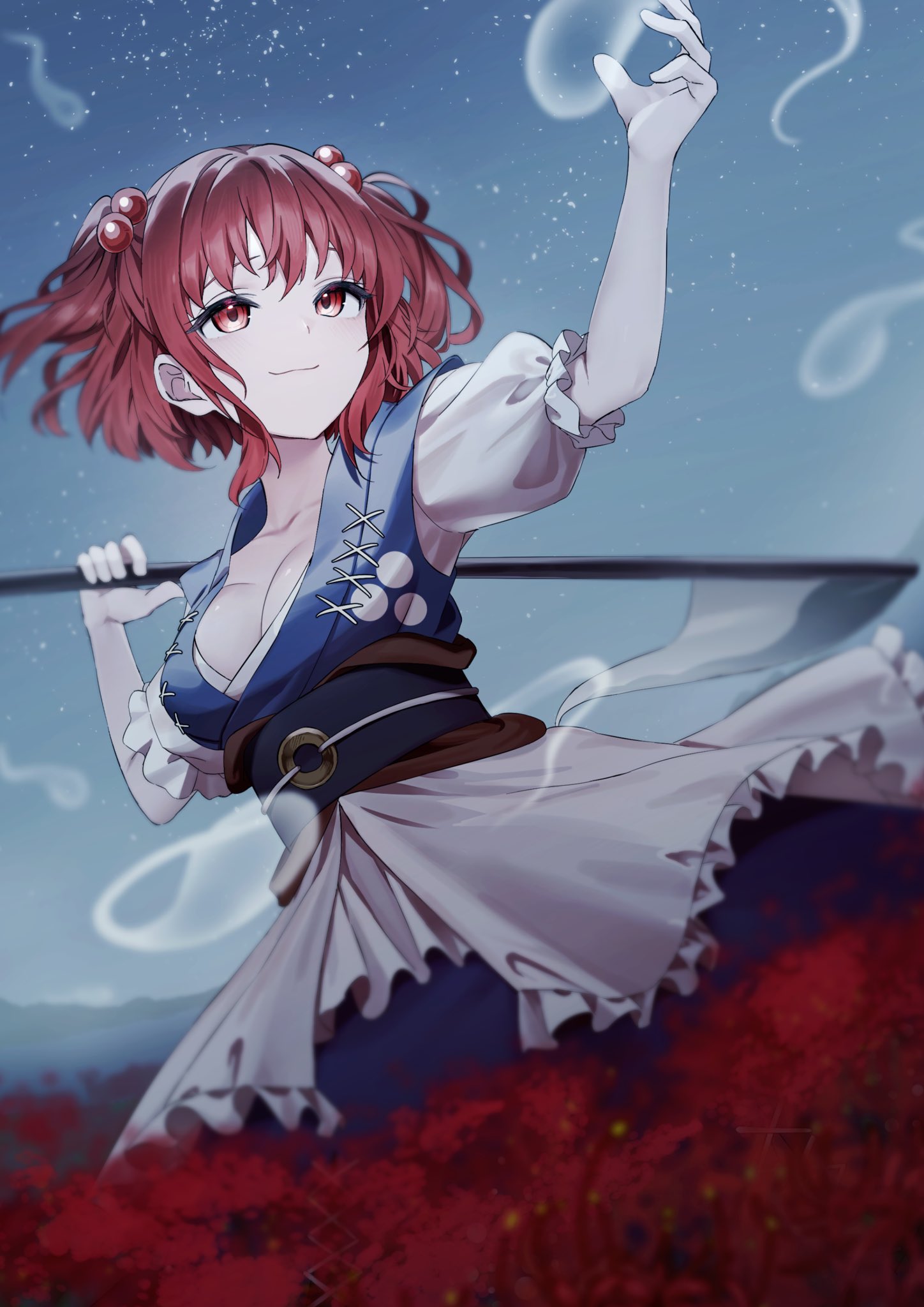 1girl blue_dress breasts cleavage closed_mouth coin commentary_request dress flower ghost hair_bobbles hair_ornament highres holding holding_scythe obi obidome obijime onozuka_komachi outdoors red_eyes red_hair sash scythe sketch sky solo spider_lily star_(sky) starry_sky touhou two_side_up wanko_sora