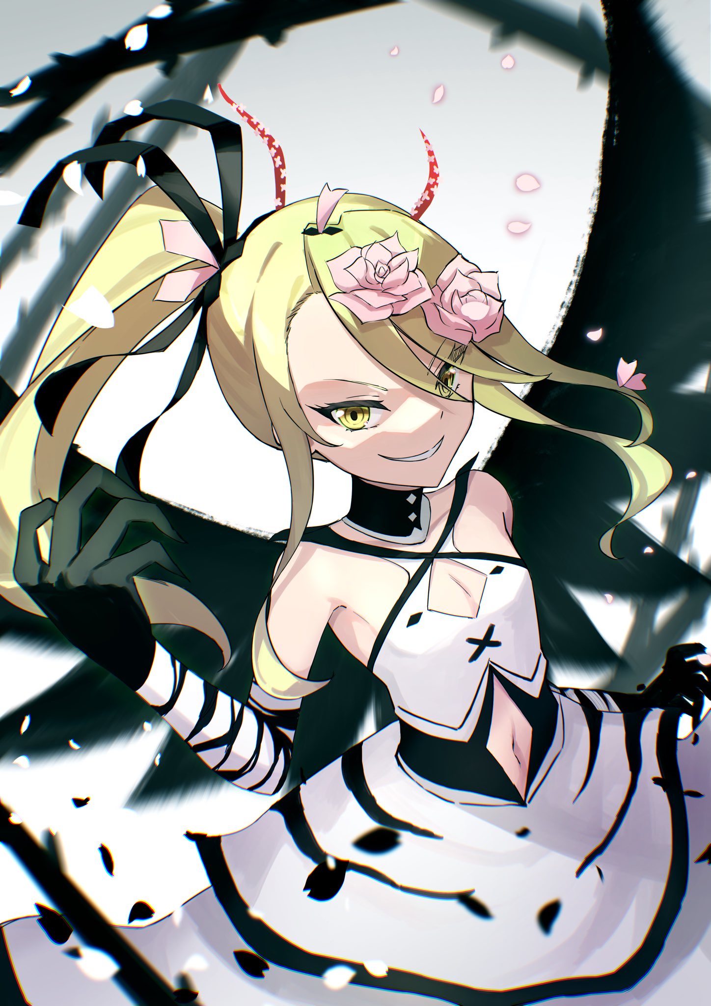 1girl arm_up black_ribbon blonde_hair boukensha_c cleavage_cutout clothing_cutout cowboy_shot deathpolca demons_roots detached_collar dress elbow_gloves flower from_above gloves grey_background grin hair_flower hair_ornament hair_ribbon highres long_hair looking_at_viewer navel navel_cutout pink_flower pink_petals plant ribbon side_ponytail sidelocks sleeveless sleeveless_dress smile solo vines white_dress yellow_eyes