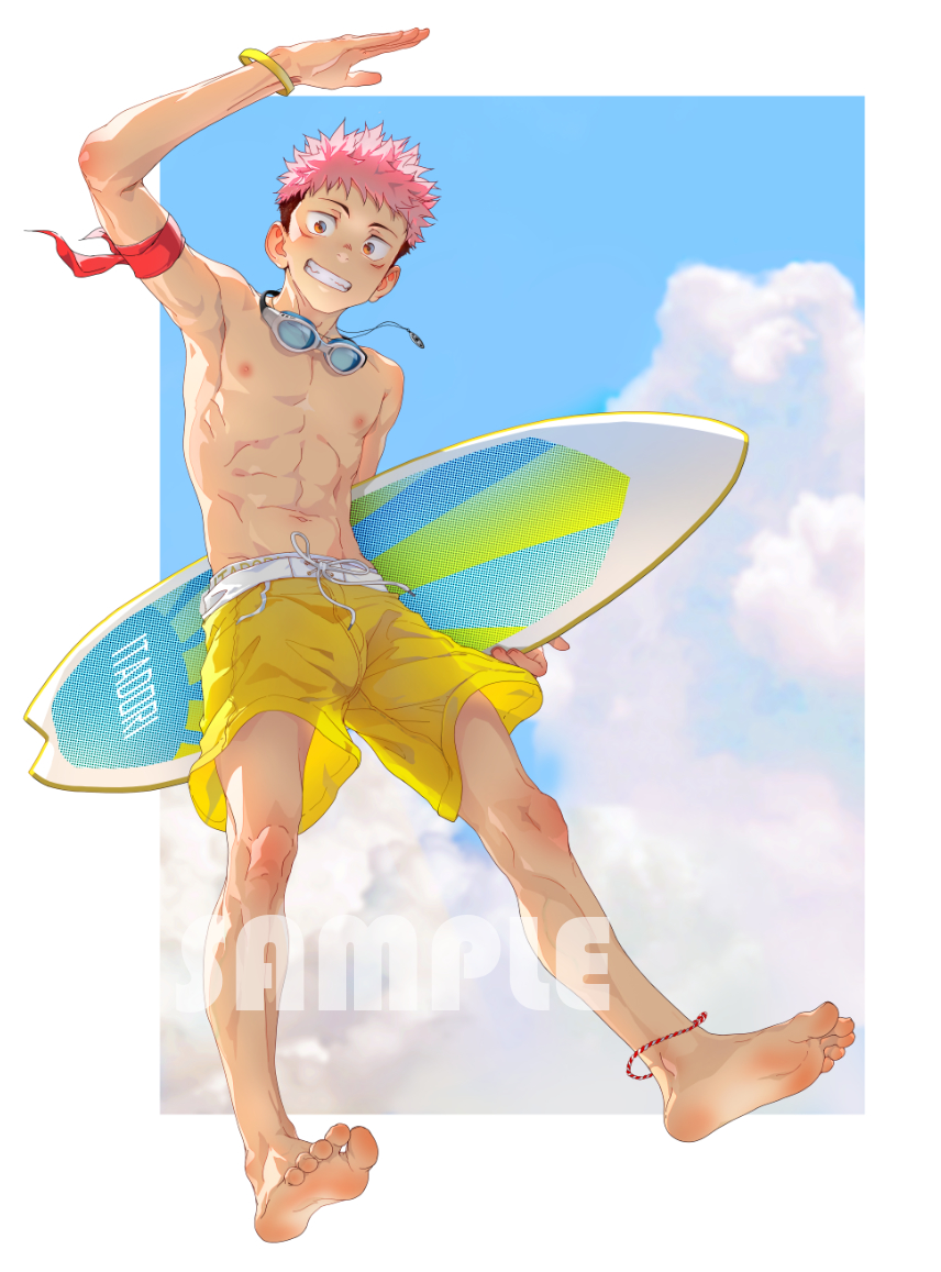 1boy abs anklet arm_ribbon barefoot beitemian blue_background border cloud full_body goggles goggles_around_neck itadori_yuuji jewelry jujutsu_kaisen looking_at_viewer male_focus navel nipples pink_hair red_ribbon ribbon salute sample_watermark shorts sky smile solo surfboard teeth topless_male undercut watermark white_border yellow_shorts