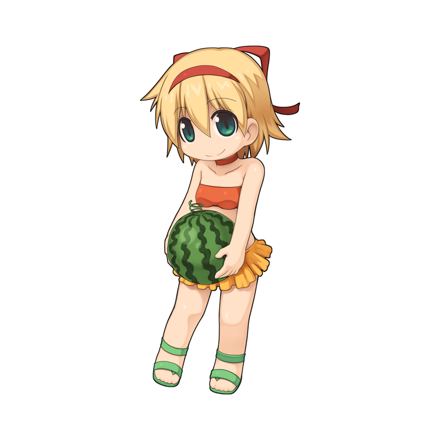 1girl bandeau bikini bikini_skirt blonde_hair breasts chibi choker closed_mouth food fruit full_body green_eyes green_footwear hair_between_eyes hairband holding_watermelon long_bangs looking_at_viewer official_art orange_bandeau orange_bikini orange_choker ragnarok_online red_hairband sandals short_hair simple_background small_breasts smile solo split_mouth swimsuit transparent_background watermelon yuichirou