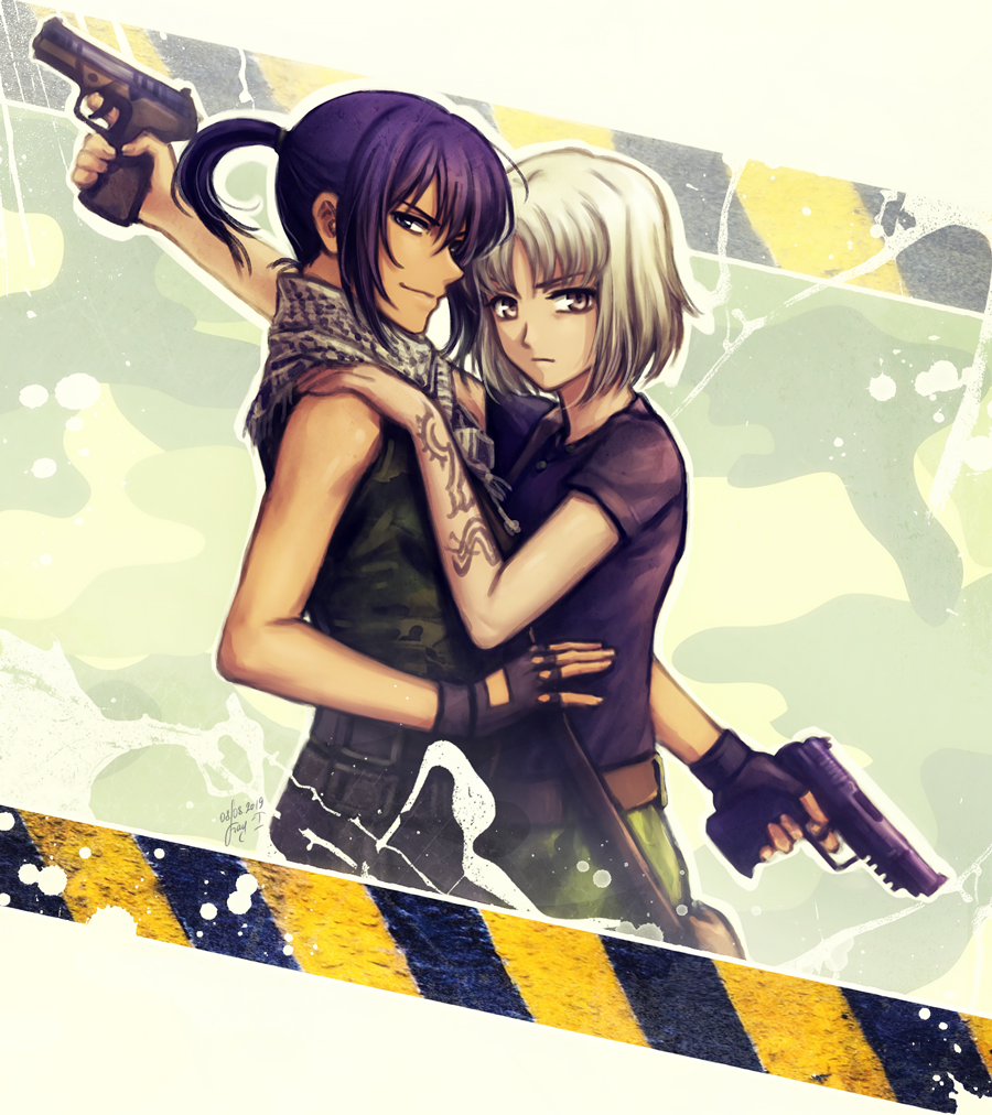 2girls 428 alphard_(canaan) androgynous arm_tattoo bare_shoulders black_hair brown_eyes camouflage camouflage_pants canaan_(character) canaan_(series) caution_tape closed_mouth dark-skinned_female dark_skin dated fingerless_gloves gloves gun hand_on_another's_shoulder handgun holding holding_weapon kay-i long_bangs looking_at_viewer multiple_girls pants parted_bangs ponytail scarf serious short_hair short_sleeves sidelocks signature sleeveless smile smug tank_top tattoo trigger_discipline weapon white_hair yuri