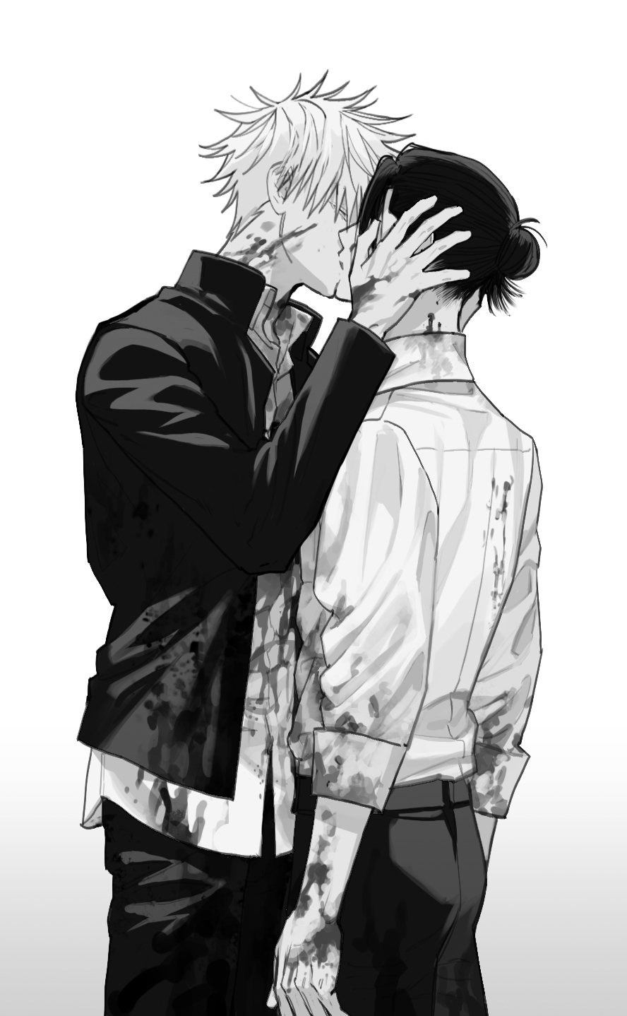 2boys arms_at_sides black_hair blood blood_on_arm blood_on_clothes blood_on_face blood_on_hands blood_on_neck closed_eyes couple dress_shirt from_behind from_side getou_suguru ggss_cc gojou_satoru greyscale hair_bun hand_on_another's_face hand_on_another's_head highres jacket jujutsu_kaisen kiss medium_hair monochrome multiple_boys open_clothes open_jacket shirt shirt_tucked_in short_hair simple_background sleeves_past_elbows sleeves_rolled_up spiked_hair white_background white_hair white_shirt yaoi