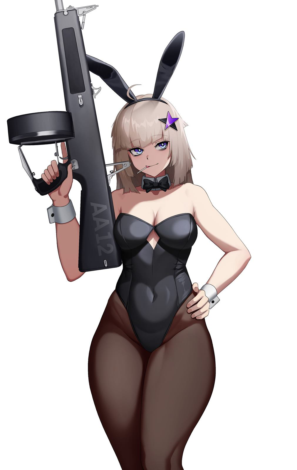 1girl aa-12 aa-12_(girls'_frontline) ahoge animal_ears black_leotard blonde_hair blue_eyes breasts candy cero_(last2stage) cleavage commission covered_navel detached_collar fake_animal_ears food food_in_mouth girls'_frontline gun hair_ornament hand_on_own_hip hand_up highres holding holding_weapon leotard lollipop long_hair medium_breasts pantyhose playboy_bunny rabbit_ears shotgun smile solo star_(symbol) star_hair_ornament thick_thighs thighs trigger_discipline weapon