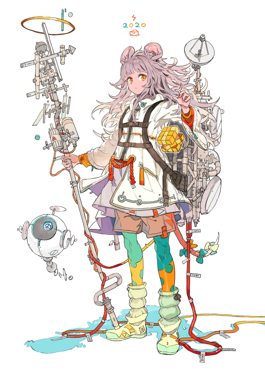 1girl 2020 2022 animal_ears aqua_pantyhose atory_totory blunt_bangs bow cable chest_harness chinese_zodiac collared_jacket commentary floating floating_object from_side full_body grey_hair halo hand_up harness highres holding jacket long_hair long_sleeves looking_at_viewer mouse_ears mouse_girl mouse_tail non-humanoid_robot orange_eyes original pantyhose pink_shorts pocket robot rope rubik's_cube satellite_dish science shimenawa shorts simple_background solo standing tail tail_bow tail_ornament two-tone_pantyhose utility_pole white_background white_footwear white_jacket year_of_the_rat yellow_pantyhose