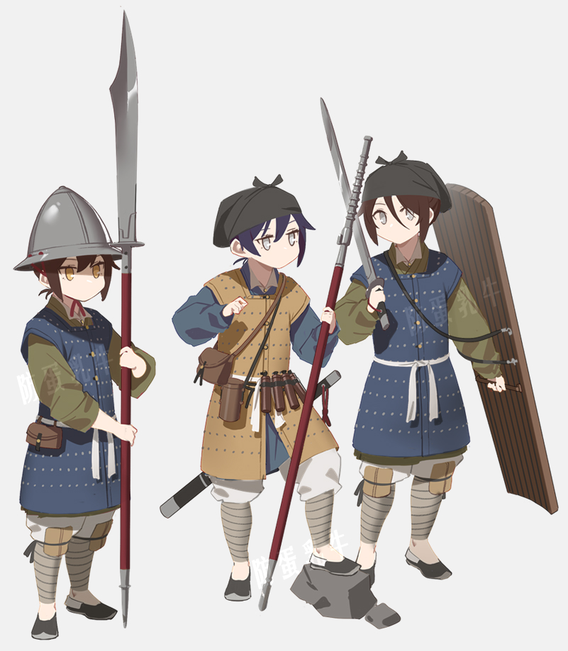 3girls antique_firearm armor arquebus brigandine_(armor) chinese_clothes chinese_empire fangdan_runiu futou grey_background guan_dao gun helmet jitome ming_dynasty multiple_girls original over_shoulder polearm rock spear standing sword sword_over_shoulder weapon weapon_over_shoulder