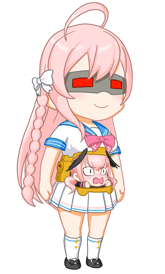 &lt;|&gt;_&lt;|&gt; 2girls ahoge arms_at_sides blue_archive blue_sailor_collar blush bow bowtie braid chibi choufu_shimin closed_mouth commentary_request cosplay eye_mask full_body hanako_(blue_archive) head_wings kneehighs koharu_(blue_archive) krang krang_(cosplay) long_hair looking_ahead low_twintails multiple_girls open_mouth parody pink_bow pink_bowtie pink_hair pleated_skirt sailor_collar school_uniform serafuku shirt short_sleeves side_braid simple_background skirt smile socks standing teenage_mutant_ninja_turtles twintails white_background white_serafuku white_shirt white_skirt white_socks wings