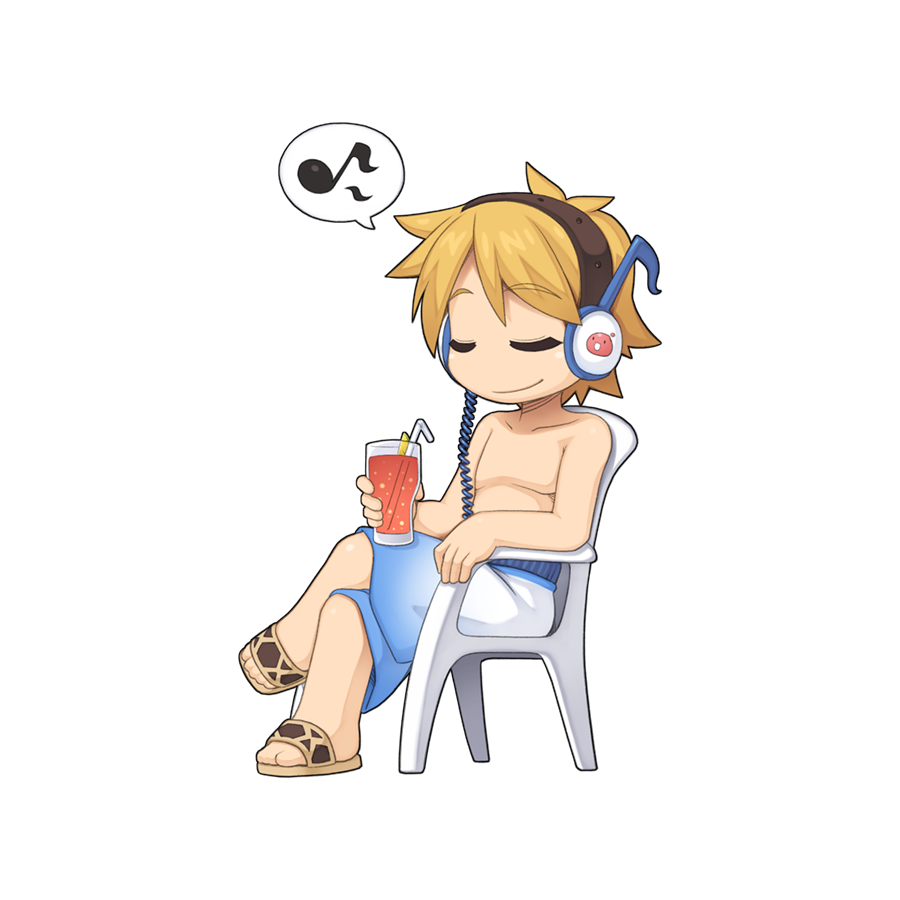 1boy blonde_hair blue_swim_trunks chibi closed_eyes closed_mouth cocktail crossed_legs cup drinking_straw full_body headphones holding holding_cup male_focus medium_bangs monobloc_(chair) musical_note no_nipples official_art poring ragnarok_online sandals short_hair simple_background sitting smile solo spoken_musical_note topless_male transparent_background yuichirou