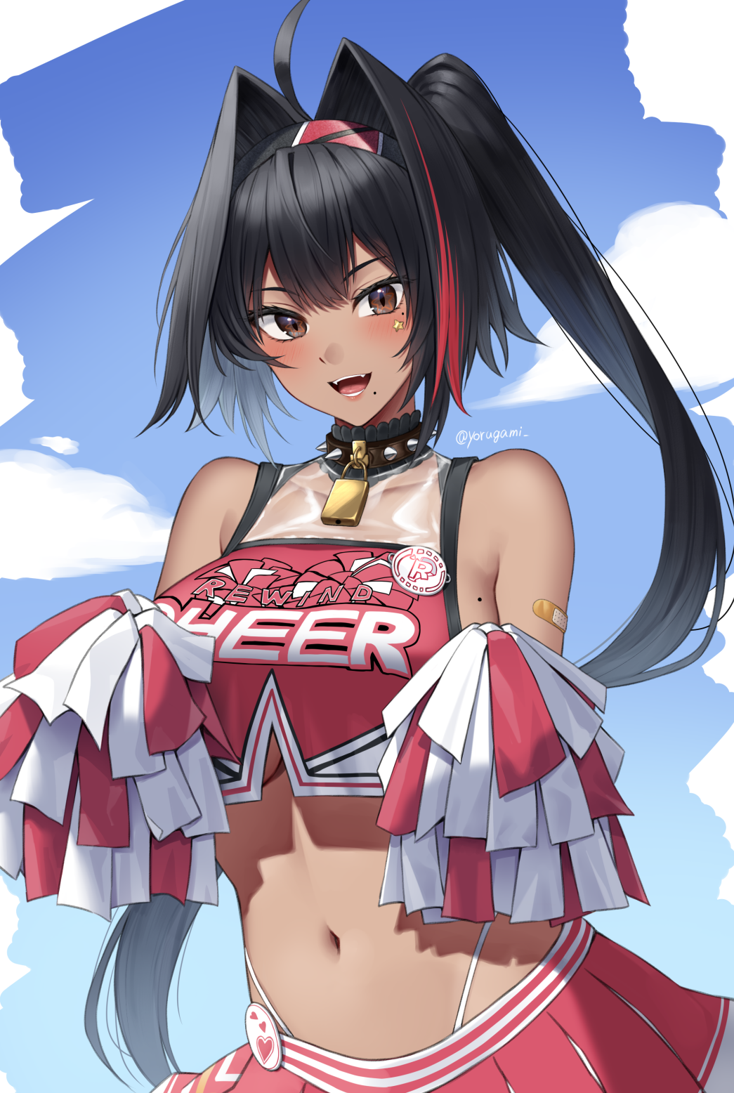 1girl :d ahoge bandaid bandaid_on_arm bare_shoulders bay_(nikke) black_hair black_hairband blue_sky blush breasts brown_eyes cheerleader clothes_writing cloud collar collarbone commentary cowboy_shot crop_top crop_top_overhang dark-skinned_female dark_skin day goddess_of_victory:_nikke hair_between_eyes hair_intakes hairband high_ponytail highleg highleg_panties highres holding holding_pom_poms large_breasts lock long_hair looking_at_viewer miniskirt mole mole_on_breast mole_under_mouth multicolored_hair navel open_mouth padlock padlocked_collar panties pleated_skirt pom_pom_(cheerleading) red_hair red_shirt red_skirt shirt sideboob sidelocks skirt sky sleeveless sleeveless_shirt smile solo spiked_collar spikes standing star_(symbol) star_in_eye star_sticker sticker_on_face stomach streaked_hair symbol_in_eye teeth two-tone_shirt two-tone_skirt underboob underwear yorugami_rei