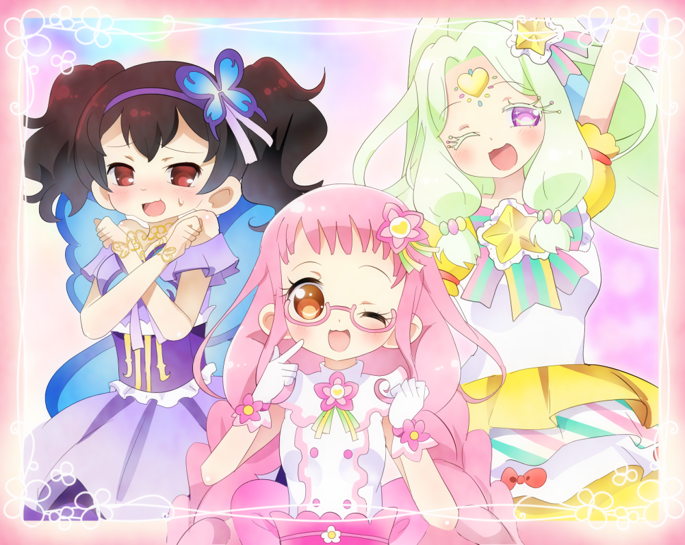 3girls ;d arm_up blue_wings brown_hair butterfly_hair_ornament commentary_request cosplay crossed_arms dress finger_to_cheek flower forehead_jewel gloves green_hair hair_ornament hairband idol_clothes idol_time_pripara index_finger_raised jewlie_(pripara) jigoku_mimiko junon_(pripara) junon_(pripara)_(cosplay) kanon_(pripara) kanon_(pripara)_(cosplay) kiki_ajimi long_hair looking_at_viewer multiple_girls nohoshio one_eye_closed open_mouth pink_flower pink_hair pinon_(pripara) pinon_(pripara)_(cosplay) pretty_series pripara puffy_short_sleeves puffy_sleeves purple_dress purple_eyes purple_hairband red_eyes shirt short_sleeves smile standing star_(symbol) sweatdrop twintails very_long_hair white_gloves white_shirt wings