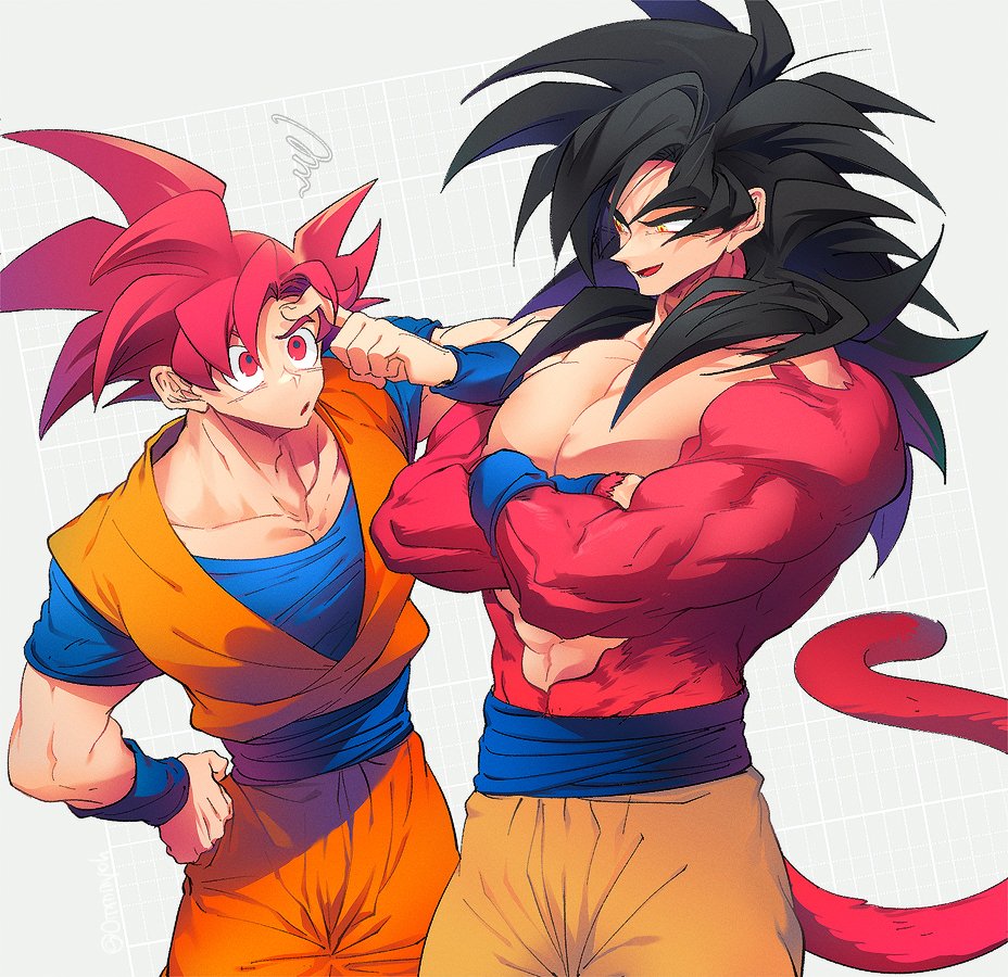 black_hair blue_sash blue_wristband crossed_arms dougi dragon_ball dragon_ball_gt dragon_ball_super dual_persona long_hair monkey_boy monkey_tail multiple_boys muscular muscular_male ommmyoh open_mouth pants red_eyes red_hair saiyan sash smile son_goku spiked_hair super_saiyan super_saiyan_4 super_saiyan_god tail twitter_username yellow_eyes yellow_pants