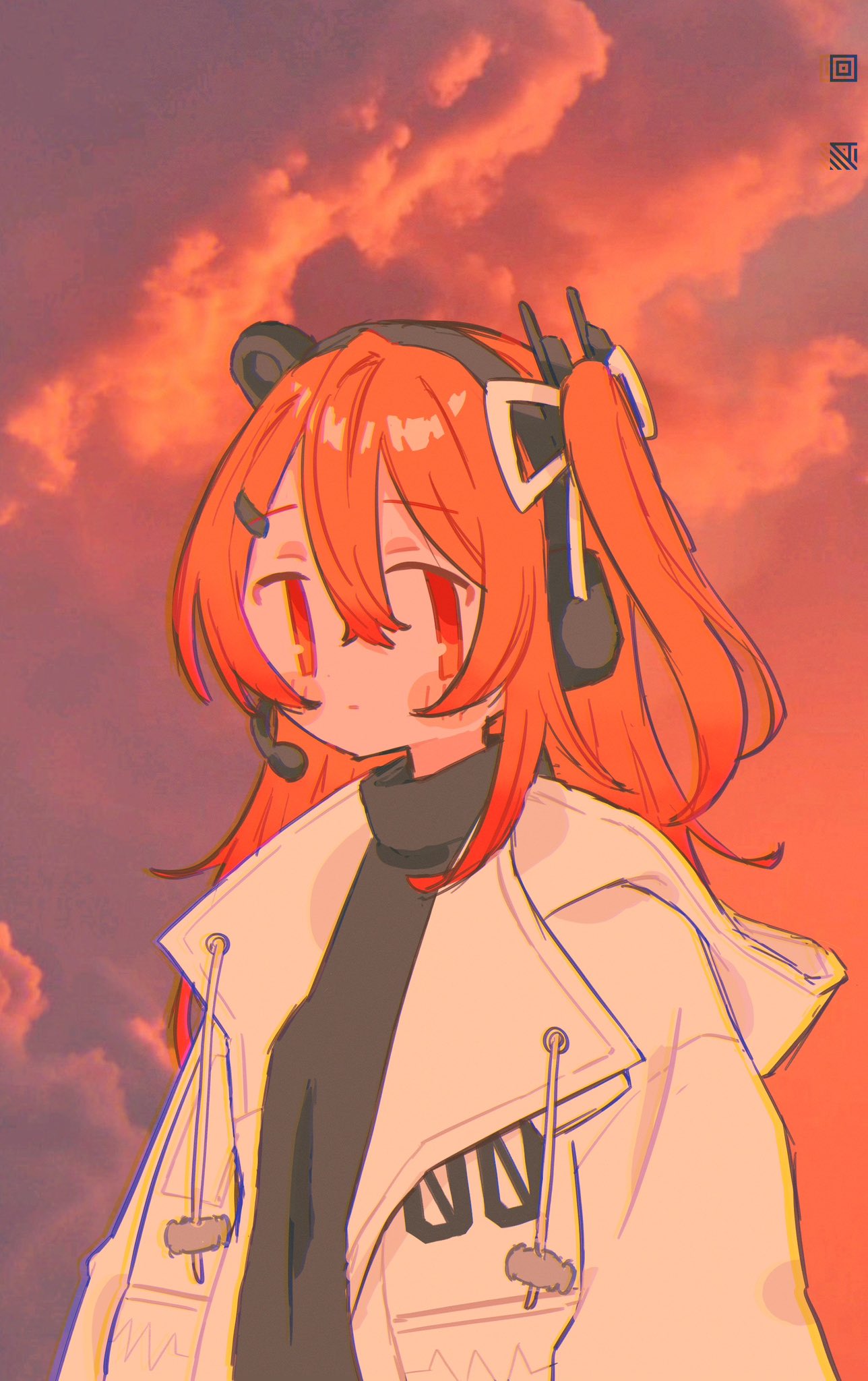 1girl a.i._voice adachi_rei alternate_hair_length alternate_hairstyle arms_at_sides black_shirt blush_stickers closed_mouth cloud cloudy_sky expressionless headlamp headset highres hood hood_down hooded_jacket jacket kururun_(culului) long_hair long_sleeves looking_at_viewer no_sclera one_side_up open_clothes open_jacket orange_eyes orange_hair orange_sky radio_antenna shirt sky solo turtleneck turtleneck_shirt upper_body utau white_jacket