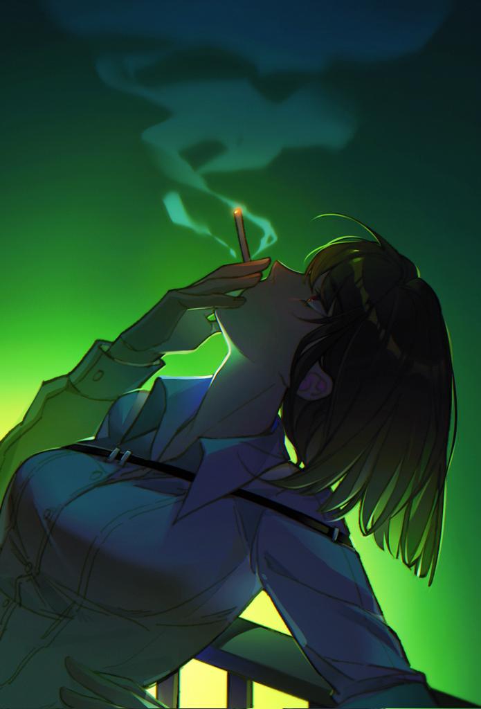1girl against_railing aqiqiqiqi black_hair breasts cigarette collared_shirt commentary_request dress_shirt limbus_company long_sleeves looking_up medium_breasts project_moon railing red_eyes ryoshu_(project_moon) shirt short_hair sidelocks smoke smoking solo white_shirt wing_collar