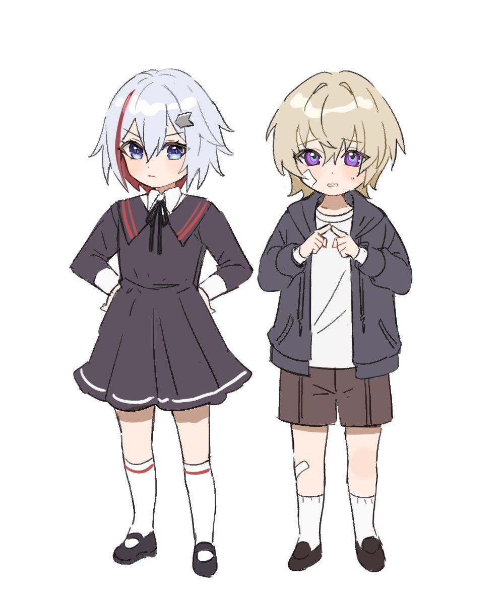 1boy 1girl aged_down aventurine_(honkai:_star_rail) bandaid bandaid_on_cheek bandaid_on_face bandaid_on_knee bandaid_on_leg black_footwear black_ribbon blonde_hair blue_eyes blush brown_shorts child collared_dress drawstring dress frown grey_dress grey_hoodie hair_between_eyes hair_intakes hair_ornament hands_on_own_hips hands_up hashtag-only_commentary highres honkai:_star_rail honkai_(series) hood hood_down hoodie index_fingers_together kneehighs long_sleeves looking_at_viewer mary_janes multicolored_eyes multicolored_hair neck_ribbon nervous open_clothes open_hoodie open_mouth purple_eyes raised_eyebrows red_hair rende2vou3 ribbon shirt shoes short_hair shorts simple_background socks standing streaked_hair sweatdrop topaz_(honkai:_star_rail) v-shaped_eyebrows white_background white_hair white_shirt white_socks wing_collar