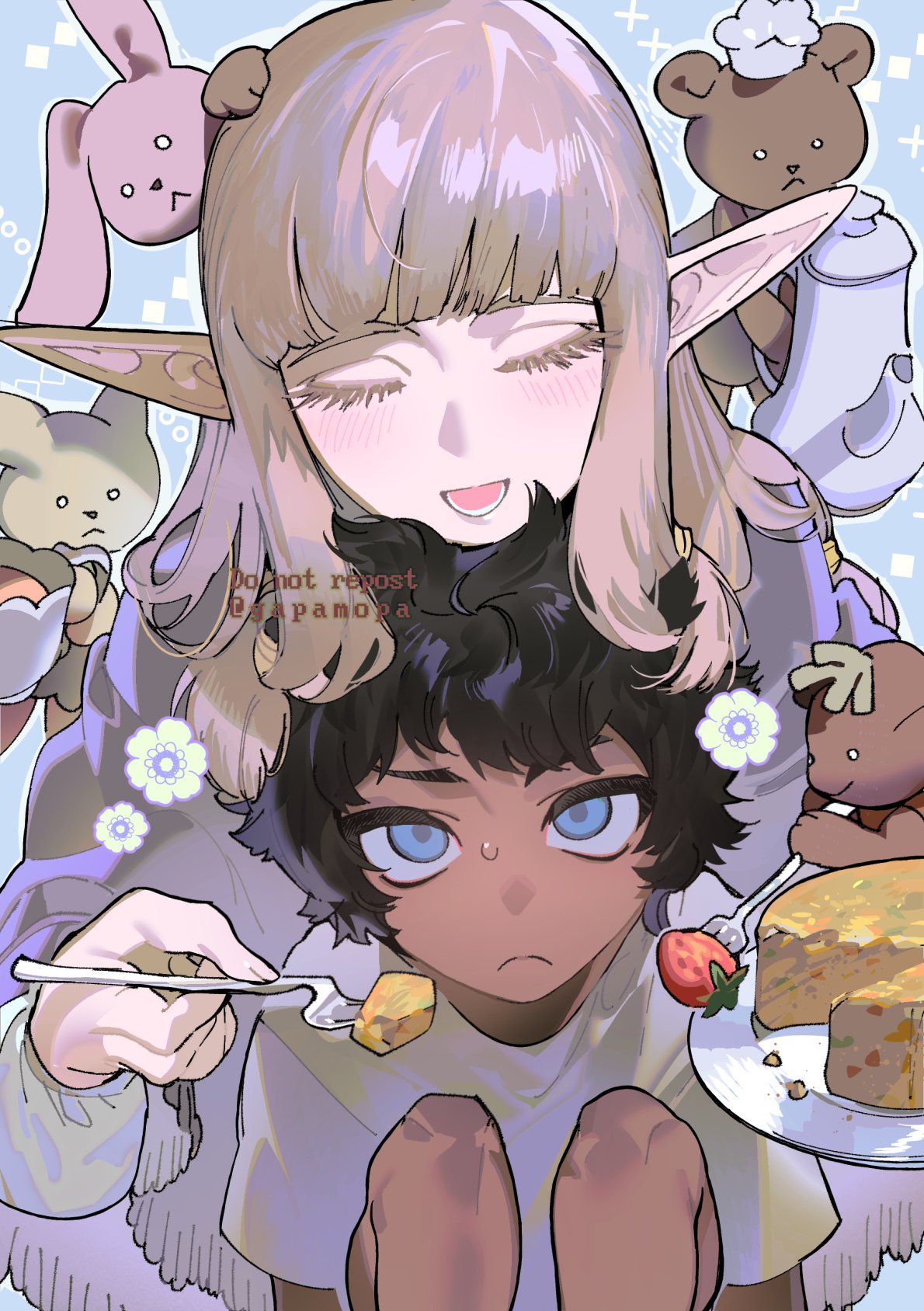 1boy 1girl black_hair blue_background blue_eyes blunt_bangs braid cake closed_eyes commentary_request cup curly_hair dark-skinned_male dark_skin dungeon_meshi elf feeding flower_(symbol) food fork fruit gapamopa head_rest highres holding holding_cup holding_fork holding_plate holding_teapot kabru korean_commentary light_blush light_frown long_hair milsiril_(dungeon_meshi) multiple_braids open_mouth plate pointy_ears shirt short_hair simple_background sitting strawberry stuffed_animal stuffed_rabbit stuffed_toy sweatdrop tea teacup teapot teddy_bear white_hair white_shirt