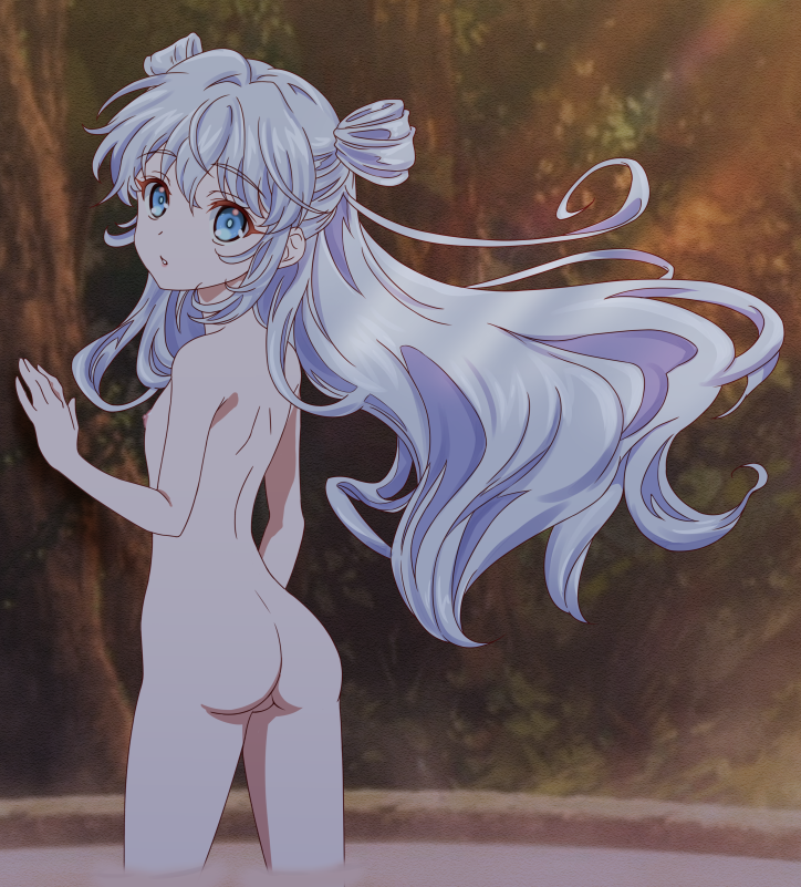 1girl ass bathing blue_eyes breasts completely_nude dia_(ansatsu_kizoku) double_bun eyebrows_hidden_by_hair from_behind hair_between_eyes hair_bun in_water long_hair looking_at_viewer looking_back mio-morimitsu nipples nude open_mouth sekai_saikou_no_ansatsusha_isekai_kizoku_ni_tensei_suru small_breasts solo steam tree_shade white_hair