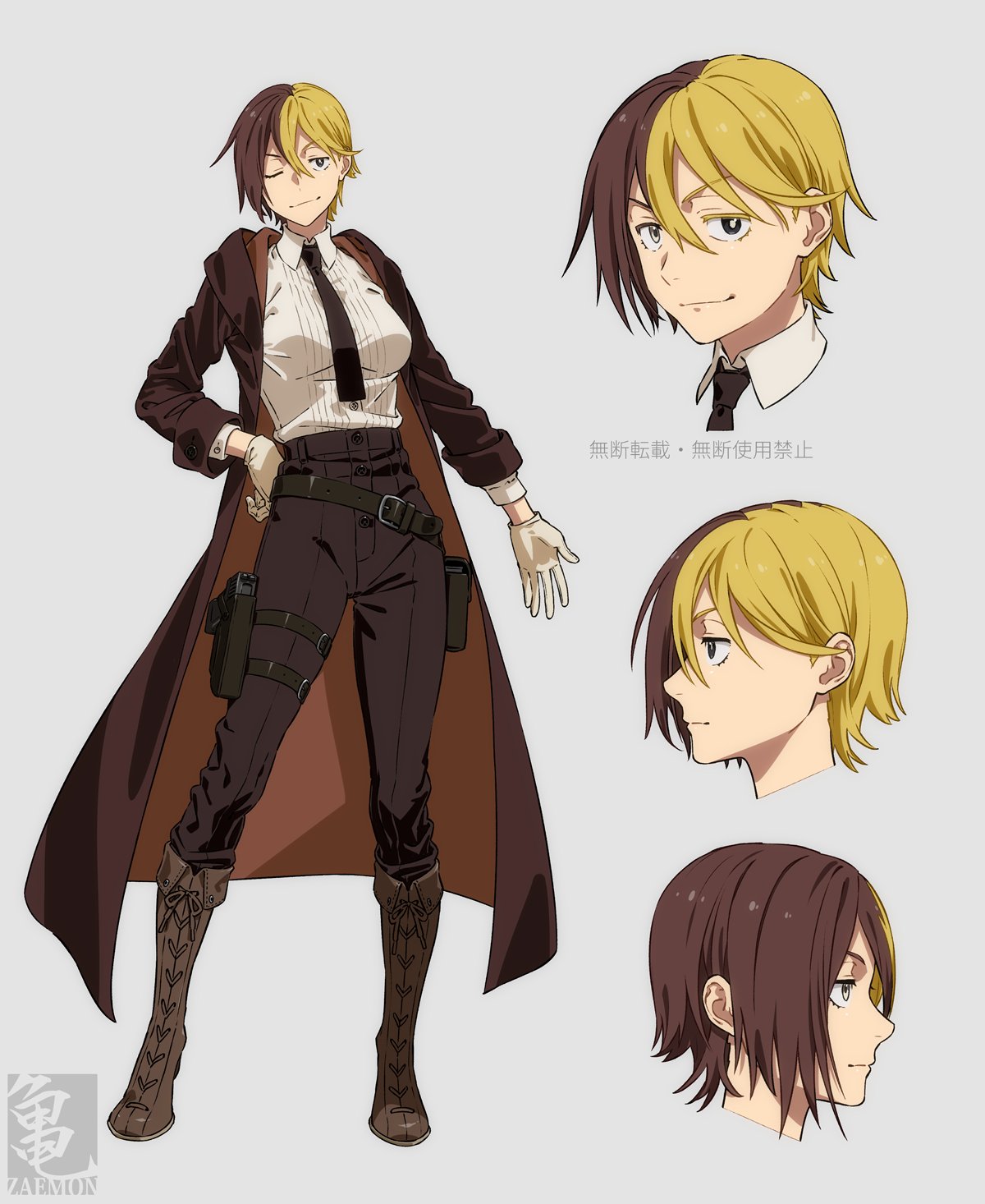 1girl blonde_hair boots brown_coat brown_footwear brown_hair coat cross-laced_footwear gloves highres kamezaemon lace-up_boots multicolored_hair necktie open_clothes open_coat original reference_sheet shirt simple_background solo white_gloves white_shirt