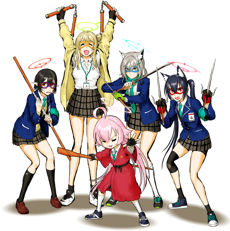 5girls :3 ahoge animal_ear_fluff animal_ears armband arms_up ayane_(blue_archive) black_footwear black_gloves black_hair black_socks blonde_hair blue_archive blue_eyes blue_jacket bo_staff breasts brown_footwear cat_ears cat_girl choufu_shimin closed_eyes closed_mouth commentary_request compression_sleeve cosplay domino_mask donatello_(tmnt) donatello_(tmnt)_(cosplay) dot_mouth dual_wielding facing_viewer fingerless_gloves frown gloves green_armband green_necktie green_scarf grey_hair grey_skirt hair_bun hair_flaps halo holding holding_nunchaku holding_staff holding_sword holding_weapon hoshino_(blue_archive) jacket katana kneehighs lanyard large_breasts leonardo_(tmnt) leonardo_(tmnt)_(cosplay) long_hair long_pointy_ears long_sleeves mask master_splinter master_splinter_(cosplay) matching_outfits michelangelo_(tmnt) michelangelo_(tmnt)_(cosplay) miniskirt multiple_girls necktie nervous nonomi_(blue_archive) nunchaku open_clothes open_jacket open_mouth orange_eyes parody pink_hair plaid plaid_skirt pleated_skirt pointy_ears popped_collar raphael_(tmnt) raphael_(tmnt)_(cosplay) red_eyes red_gloves red_robe robe sai_(weapon) scarf school_uniform serika_(blue_archive) serious shiroko_(blue_archive) shoes short_hair simple_background single_side_bun skirt smile sneakers socks squatting staff standing sweater sword teenage_mutant_ninja_turtles twintails two-tone_gloves v-shaped_eyebrows weapon white_background white_socks yellow_jacket yellow_sweater