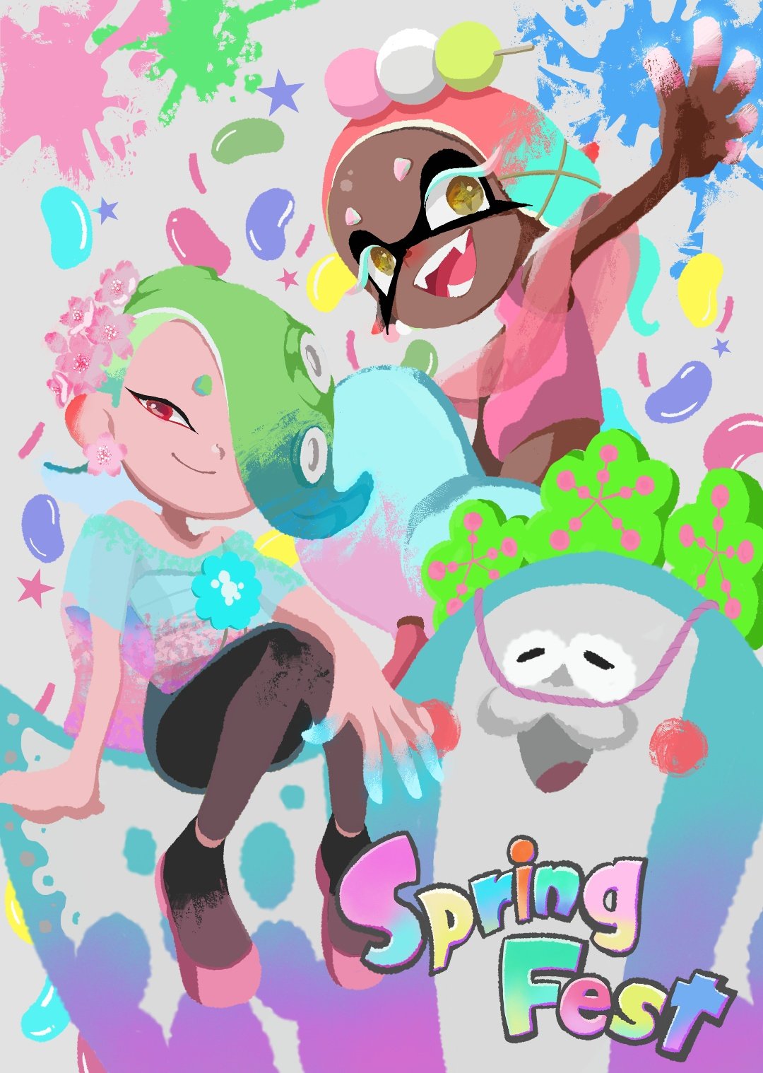 1boy 2girls atataka_soranko big_man_(splatoon) black_pants closed_mouth colored_eyelashes commentary dango dark-skinned_female dark_skin eyelashes flower food food_on_head frye_(splatoon) hair_flower hair_ornament highres inkling invisible_chair medium_hair multiple_girls object_on_head octoling open_mouth pants pink_flower platform_footwear platform_heels pointy_ears red_eyes shiver_(splatoon) sitting smile splatoon_(series) splatoon_3 star-shaped_pupils star_(symbol) symbol-shaped_pupils teeth tentacle_hair wagashi yellow_eyes yellow_pupils