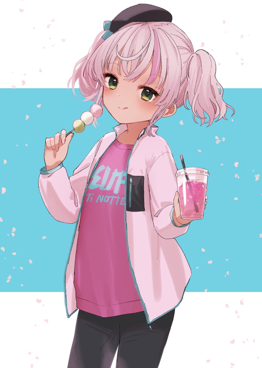 1girl :q beret black_hat black_pants blue_background closed_mouth clothes_writing comandante_cappellini_(kancolle) commentary_request cup dango disposable_cup drink drinking_straw food green_eyes grey_hair hat highres holding holding_cup holding_food jacket kantai_collection long_sleeves multicolored_hair open_clothes open_jacket pants petals pink_hair pink_jacket pink_shirt puffy_long_sleeves puffy_sleeves sanshoku_dango shirt smile solo standing streaked_hair tilted_headwear tongue tongue_out twintails two-tone_background wagashi white_background yamashichi_(mtseven)
