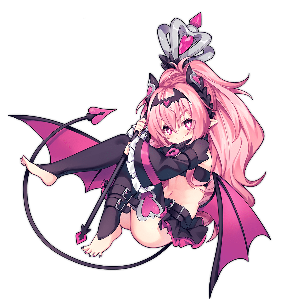 1girl ao_jun ark_order bare_shoulders barefoot bat_hair_ornament belt black_belt black_leggings black_nails black_skirt blush bridal_legwear closed_mouth crop_top demon_tail demon_wings frilled_sleeves frills full_body hair_ornament heart heart-shaped_lock heart-shaped_pupils heart_hair_ornament heart_print high_ponytail holding holding_staff horns leggings lock long_hair long_sleeves looking_at_viewer multicolored_nails navel official_art pink_eyes pink_hair pink_nails pink_theme pointy_ears sidelocks skirt smile solo staff stomach succubus_(ark_order) symbol-shaped_pupils tachi-e tail transparent_background very_long_hair wide_sleeves wings