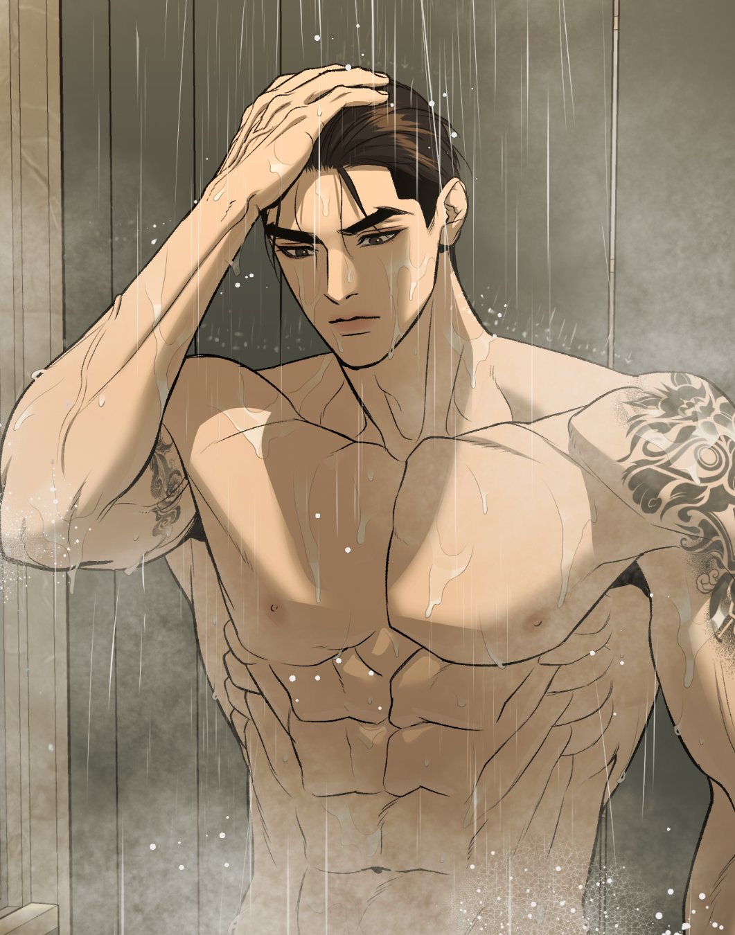 1boy abs arm_tattoo black_eyes black_hair closed_mouth collarbone hand_on_own_head highres indoors jinx_(manhwa) joo_jaekyung male_focus mingwa muscular muscular_male navel nude official_art pectorals shower_(place) showering solo tattoo thick_eyebrows upper_body water_drop